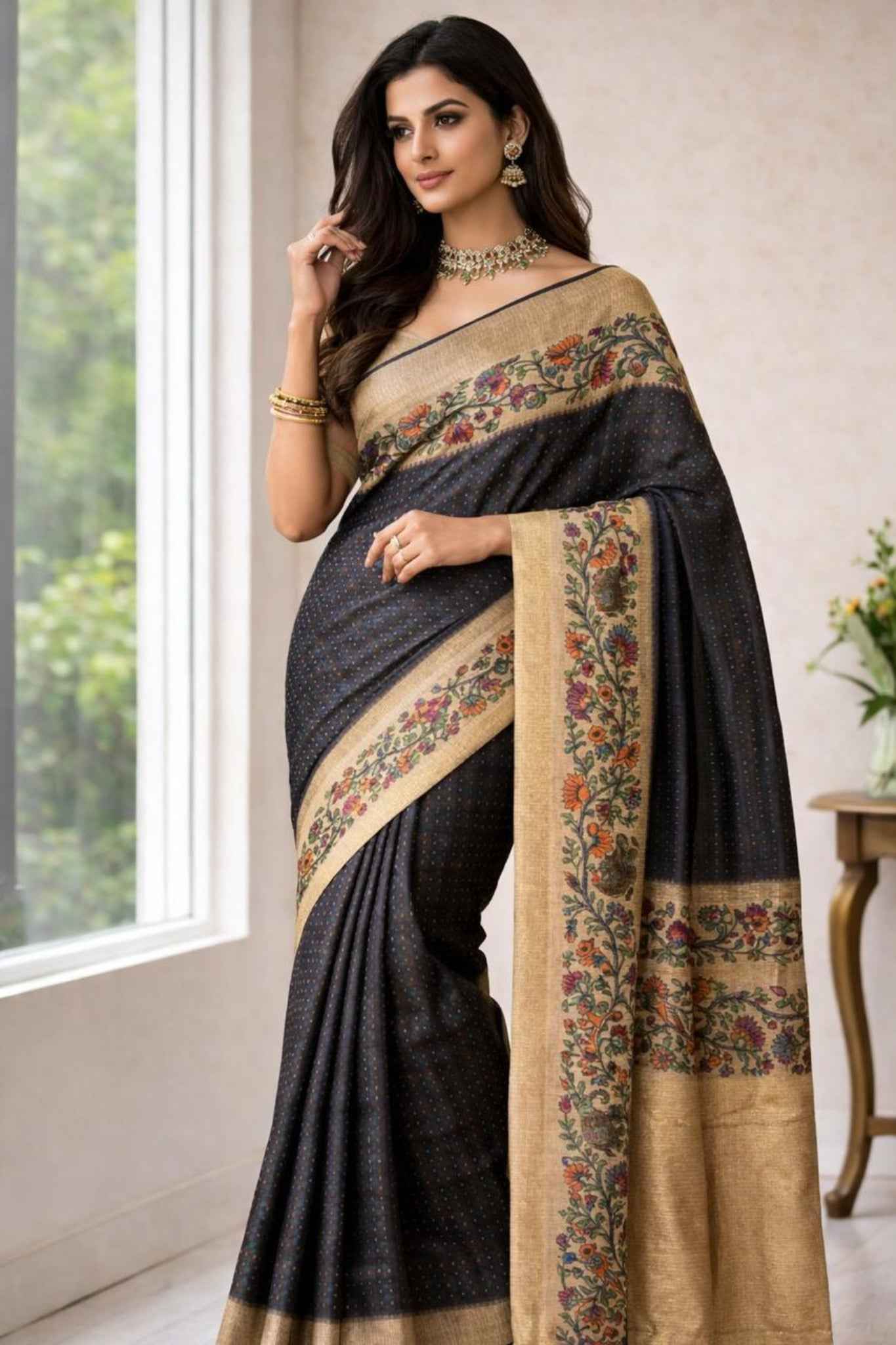 Black Kalamkari Tussar saree