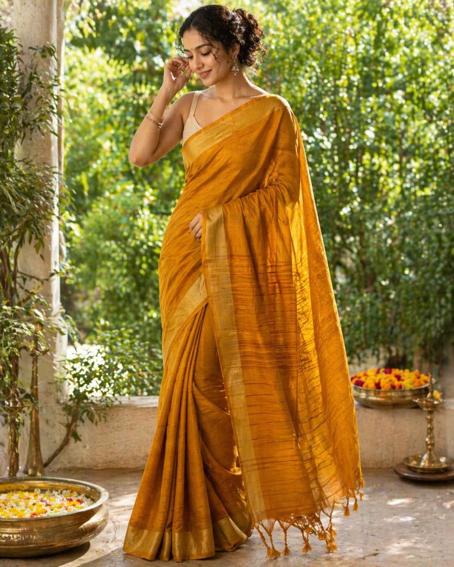 Mustard Checked Semi Tussar Saree