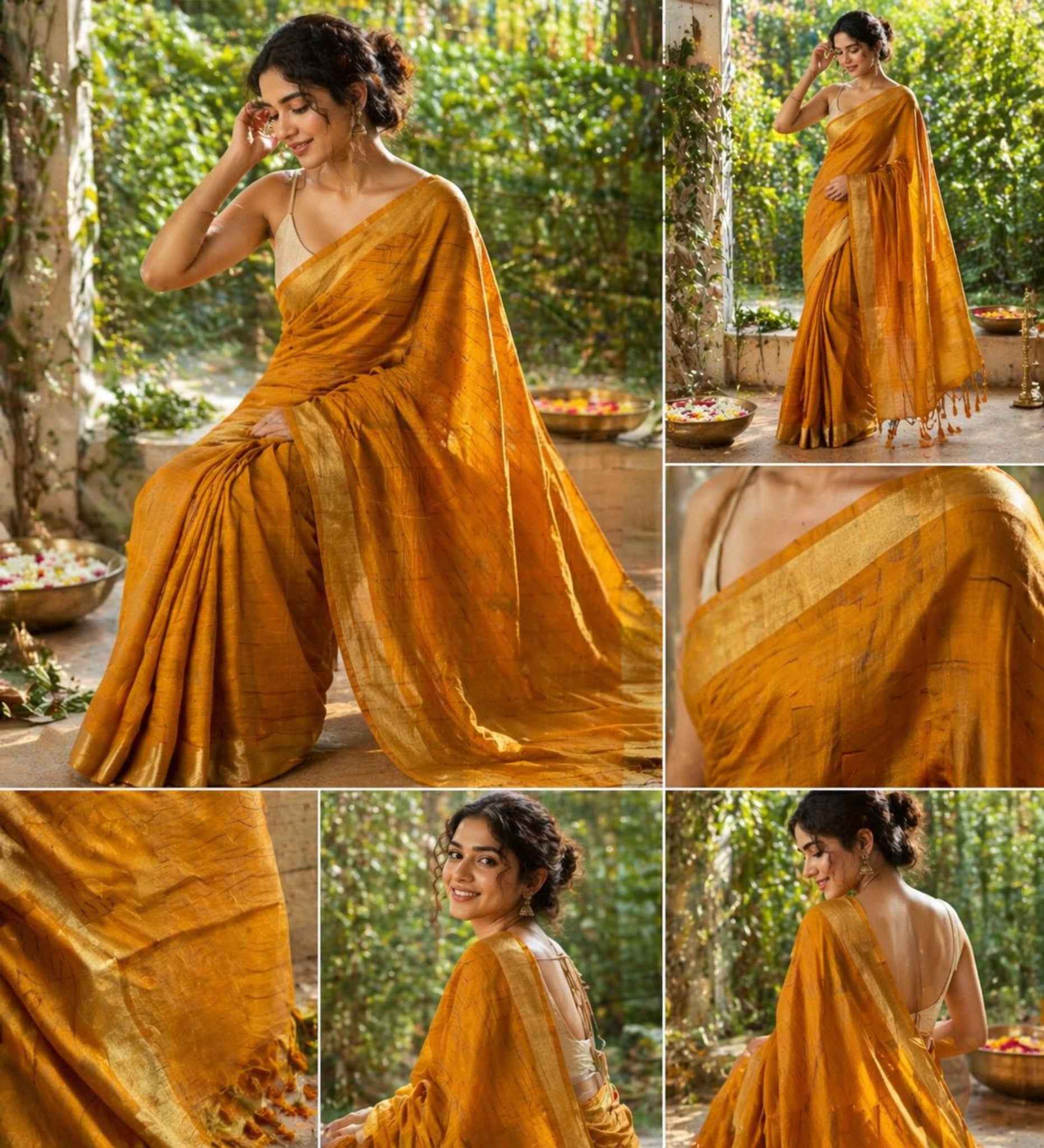 Mustard Checked Semi Tussar Saree