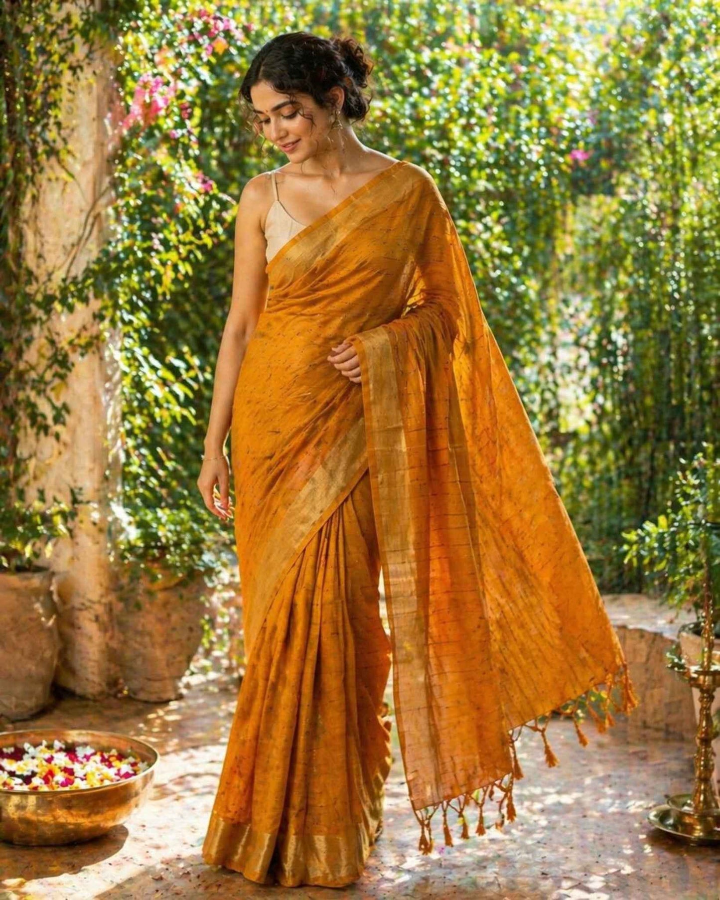 Mustard Checked Semi Tussar Saree