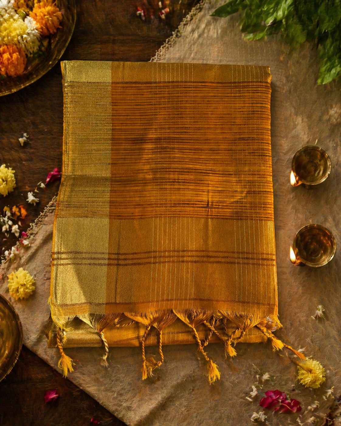 Mustard Checked Semi Tussar Saree