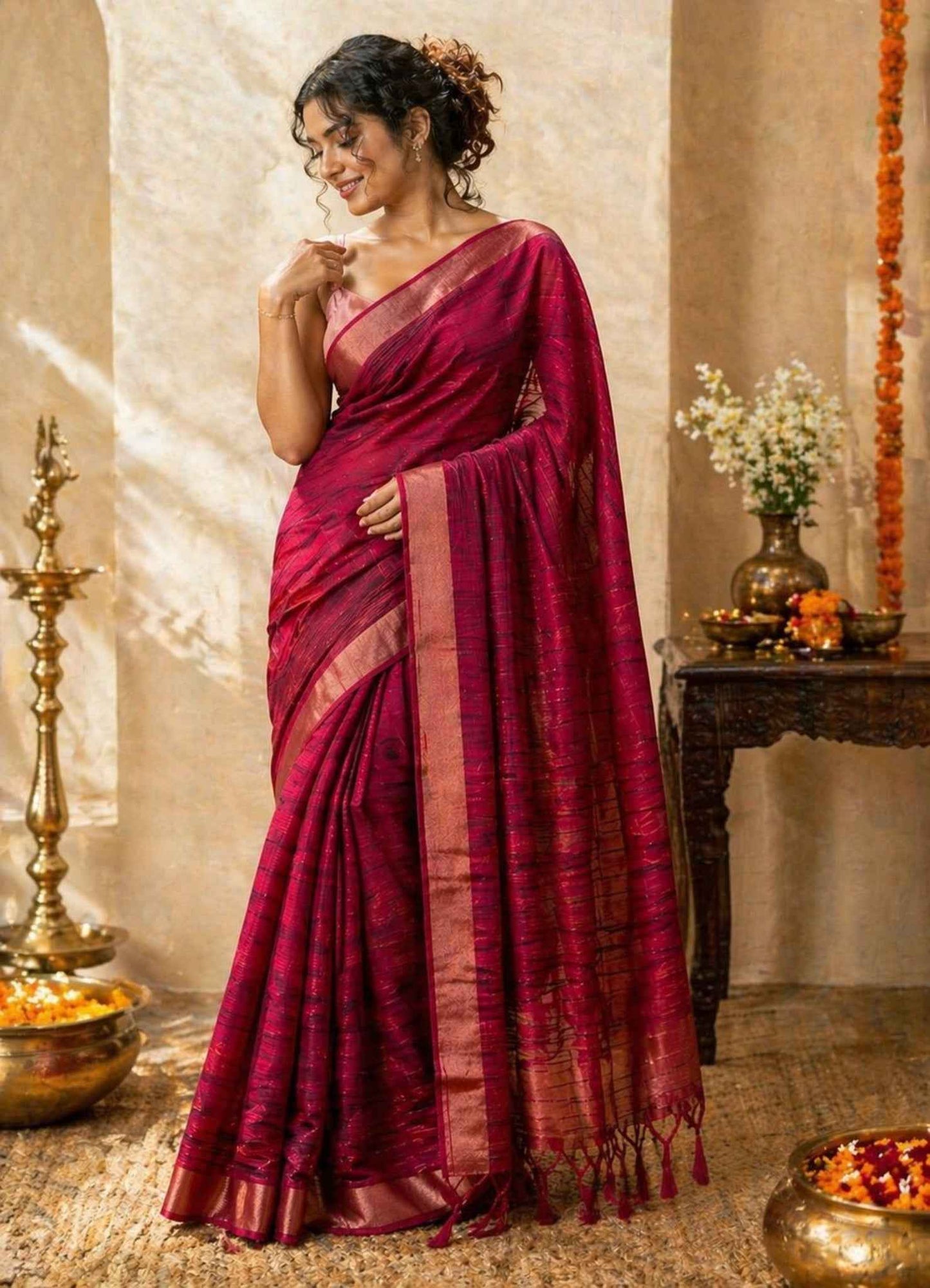 Rani Pink Checked Semi Tussar Saree