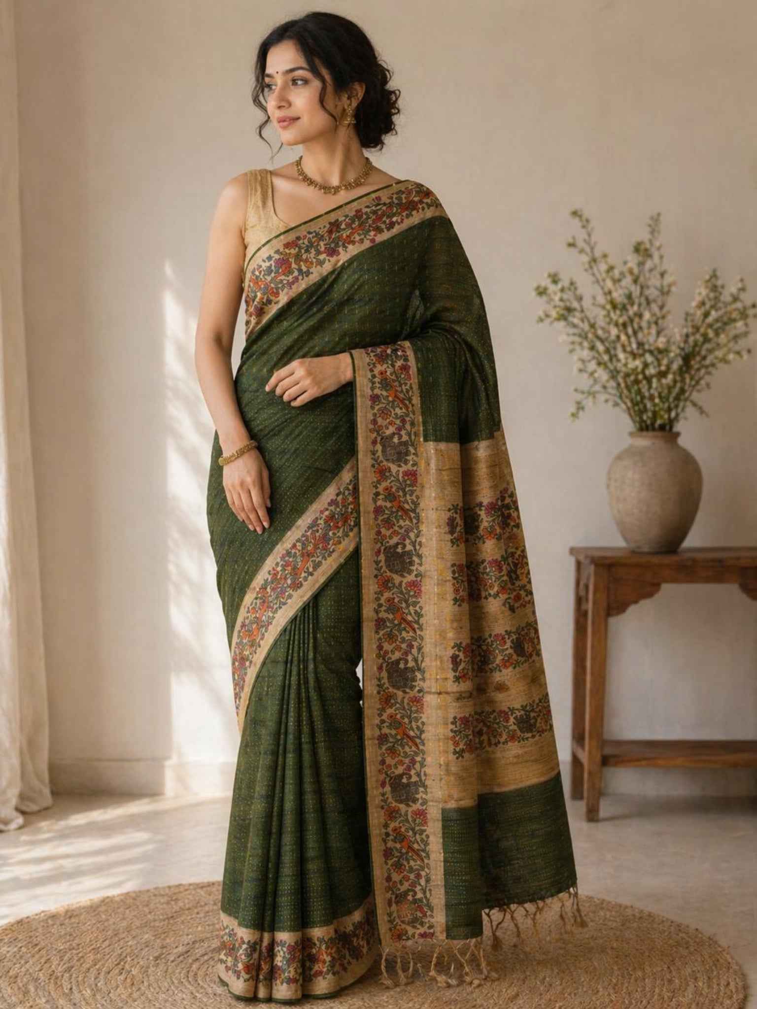 Green Kalamkari Tussar saree