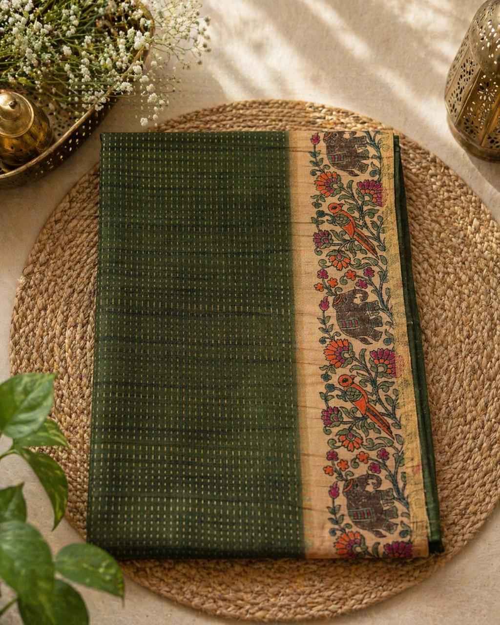 Green Kalamkari Tussar saree
