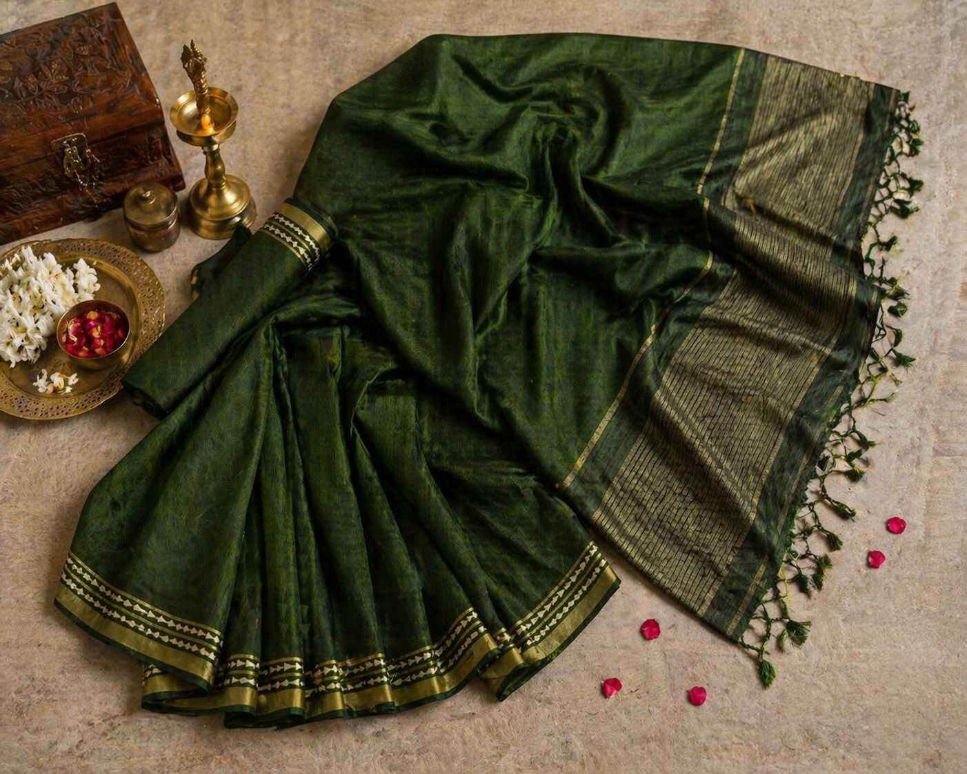 Bottle Green Semi Tussar Saree