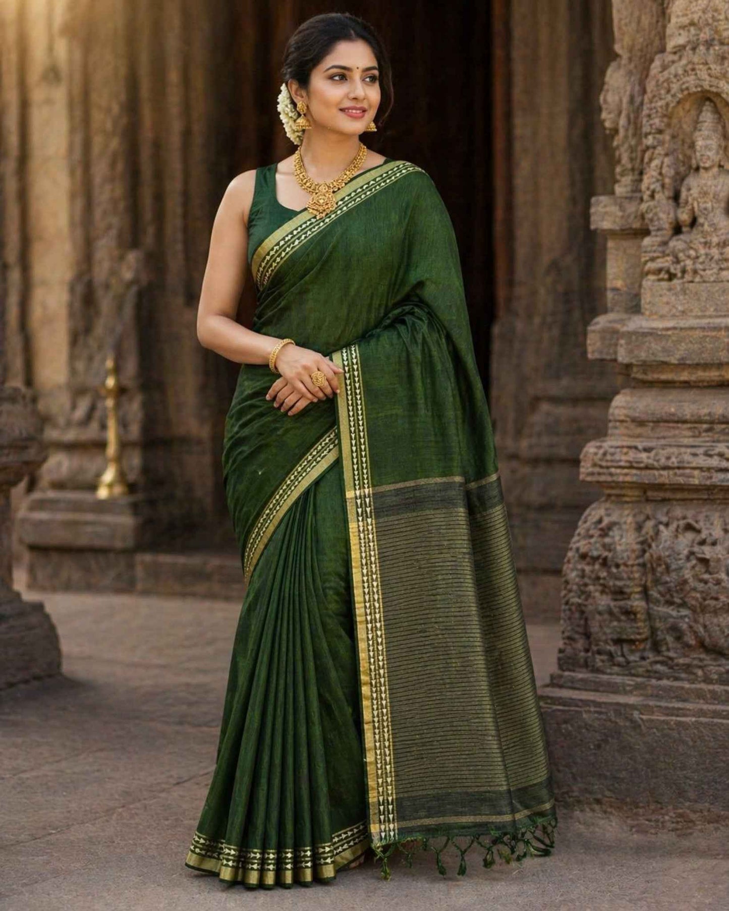 Bottle Green Semi Tussar Saree