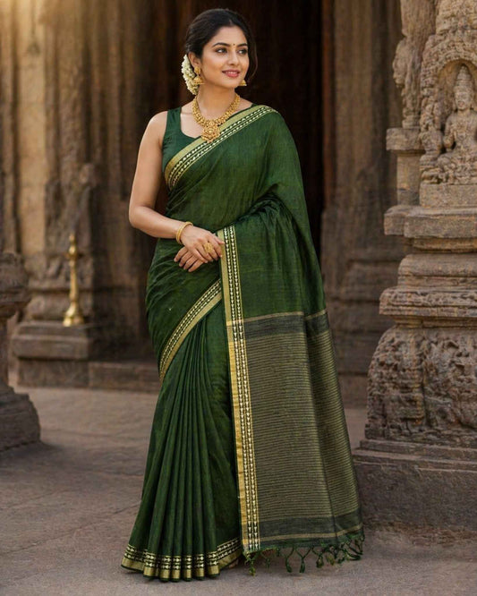Bottle Green Semi Tussar Saree