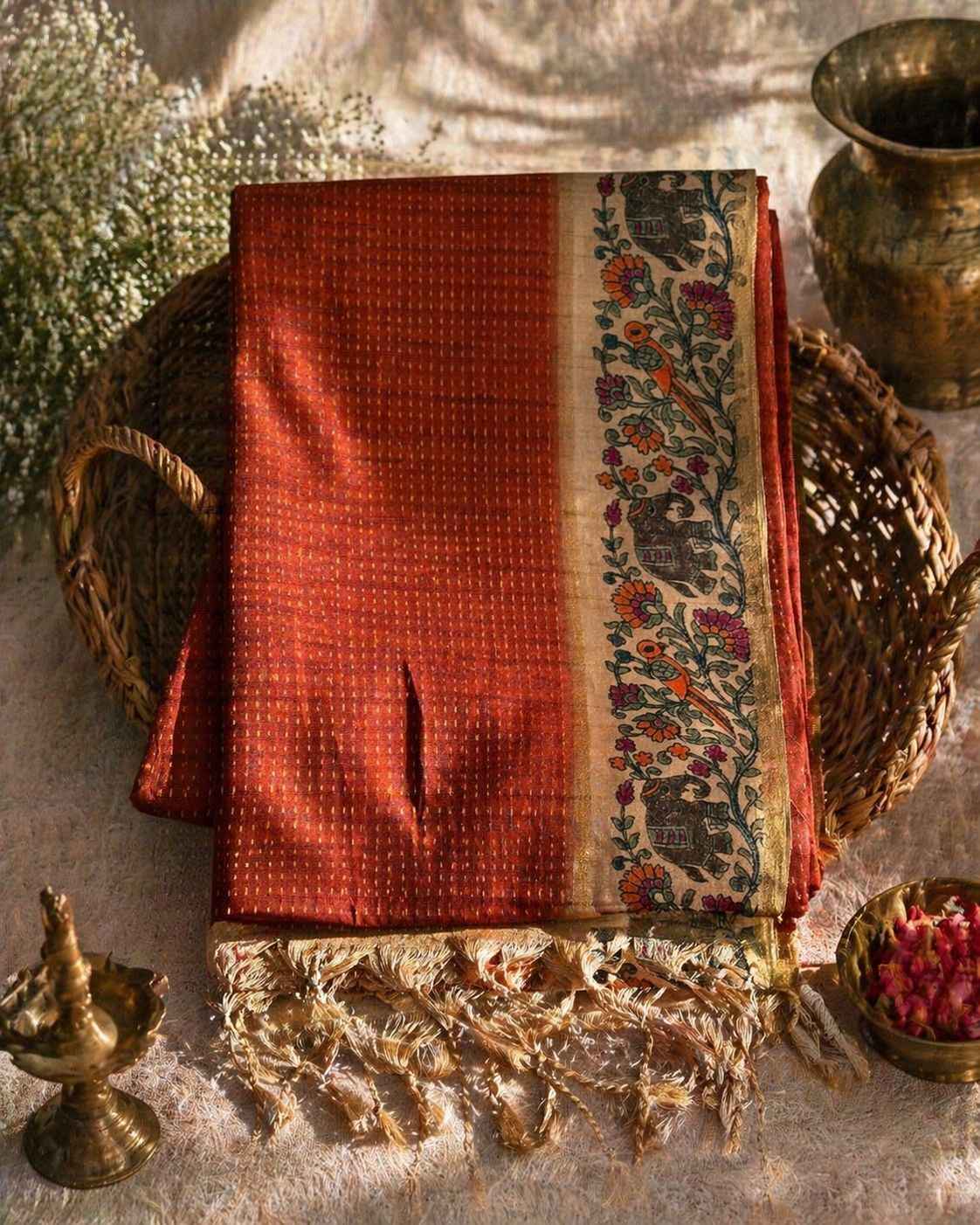 Rust Kalamkari Tussar saree