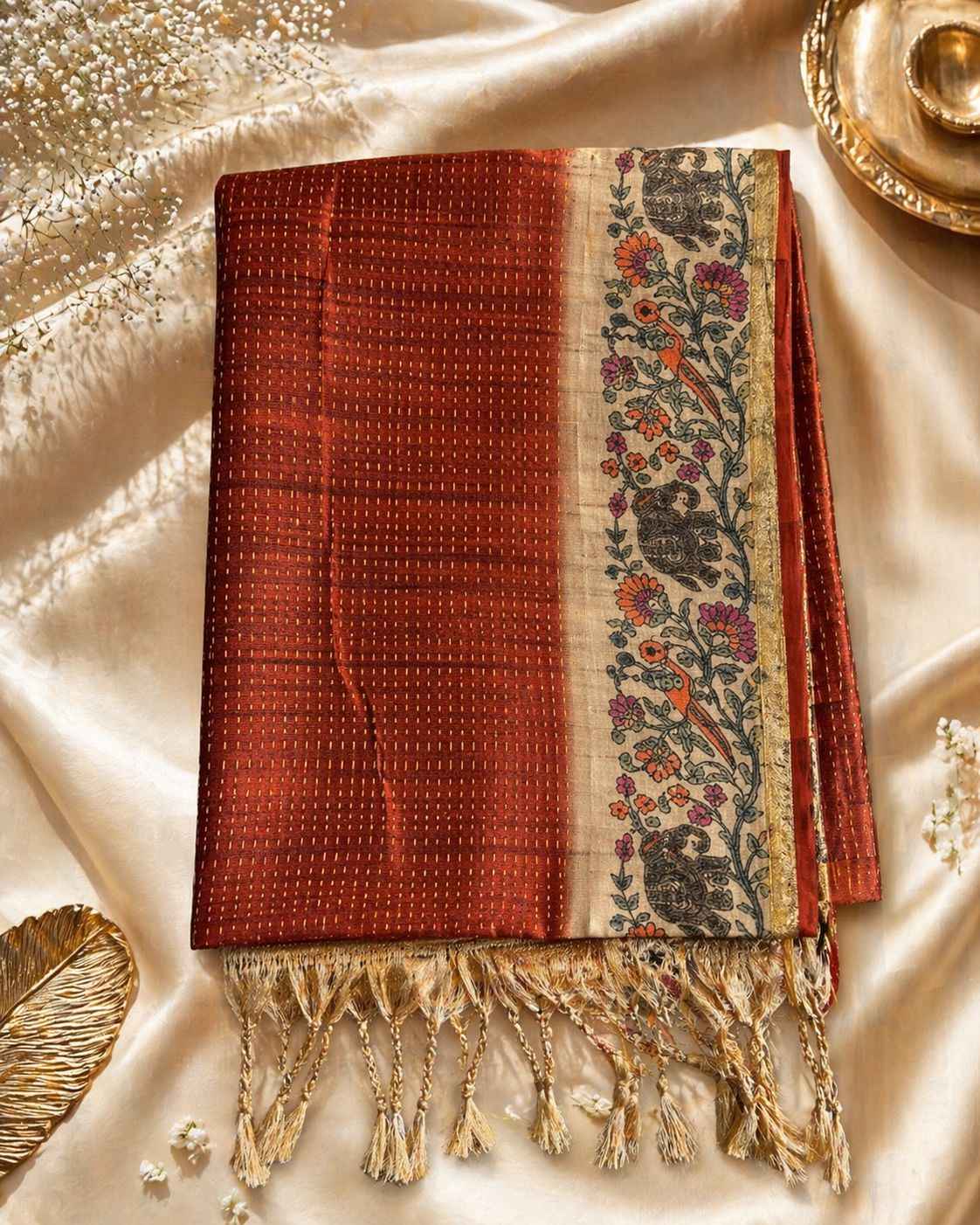 Rust Kalamkari Tussar saree