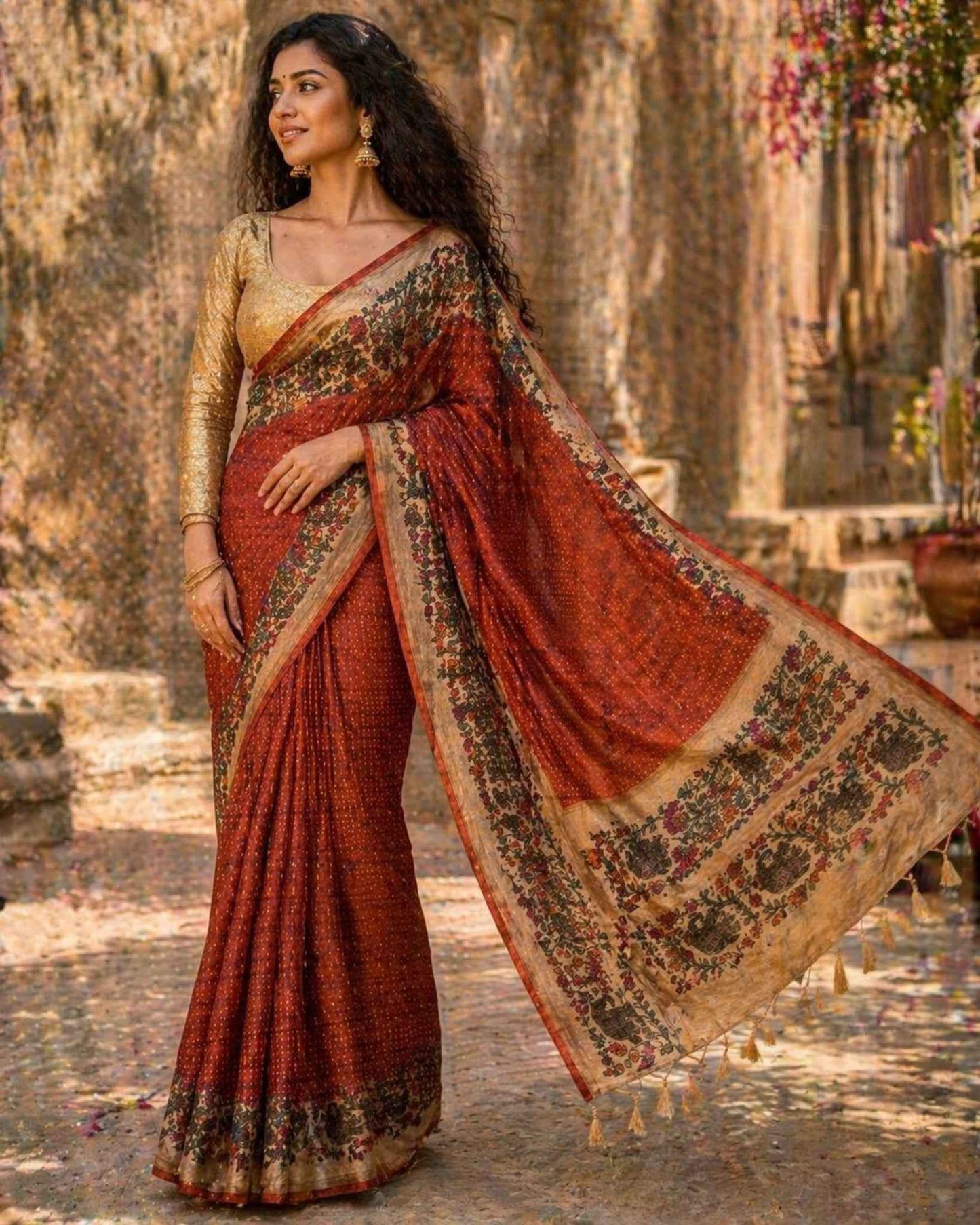 Rust Kalamkari Tussar saree