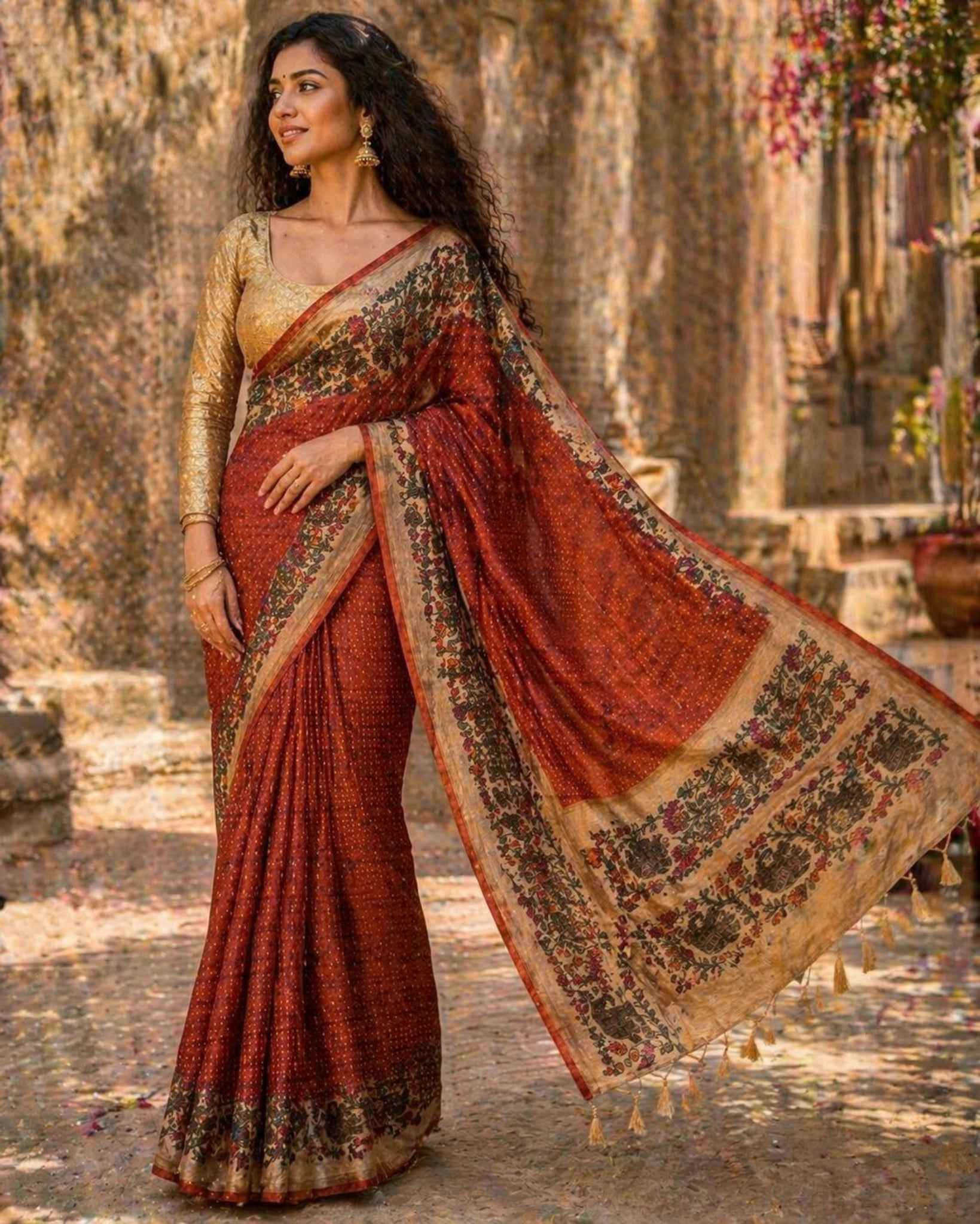 Rust Kalamkari Tussar saree