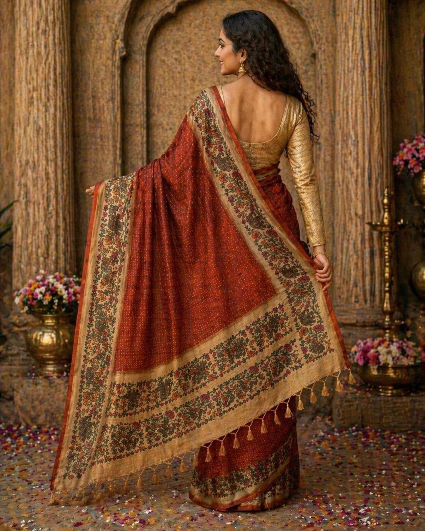 Rust Kalamkari Tussar saree