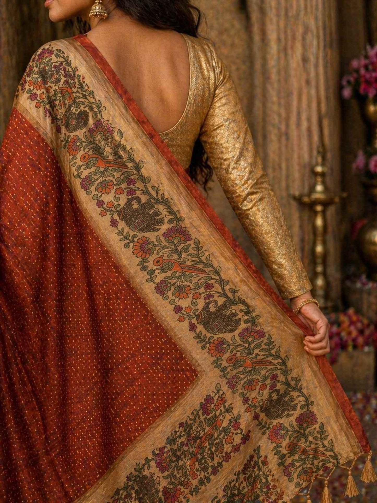 Rust Kalamkari Tussar saree