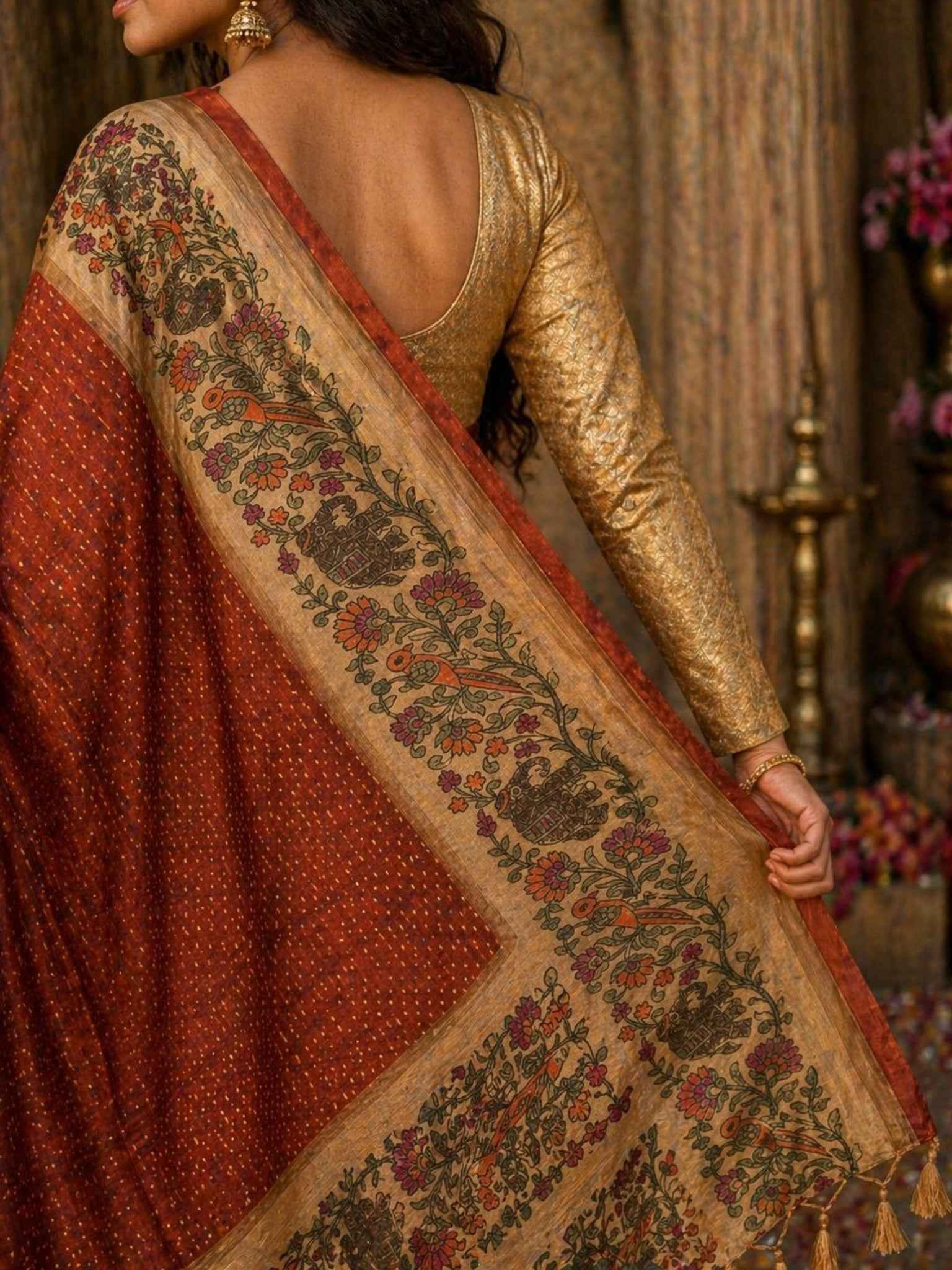 Rust Kalamkari Tussar saree