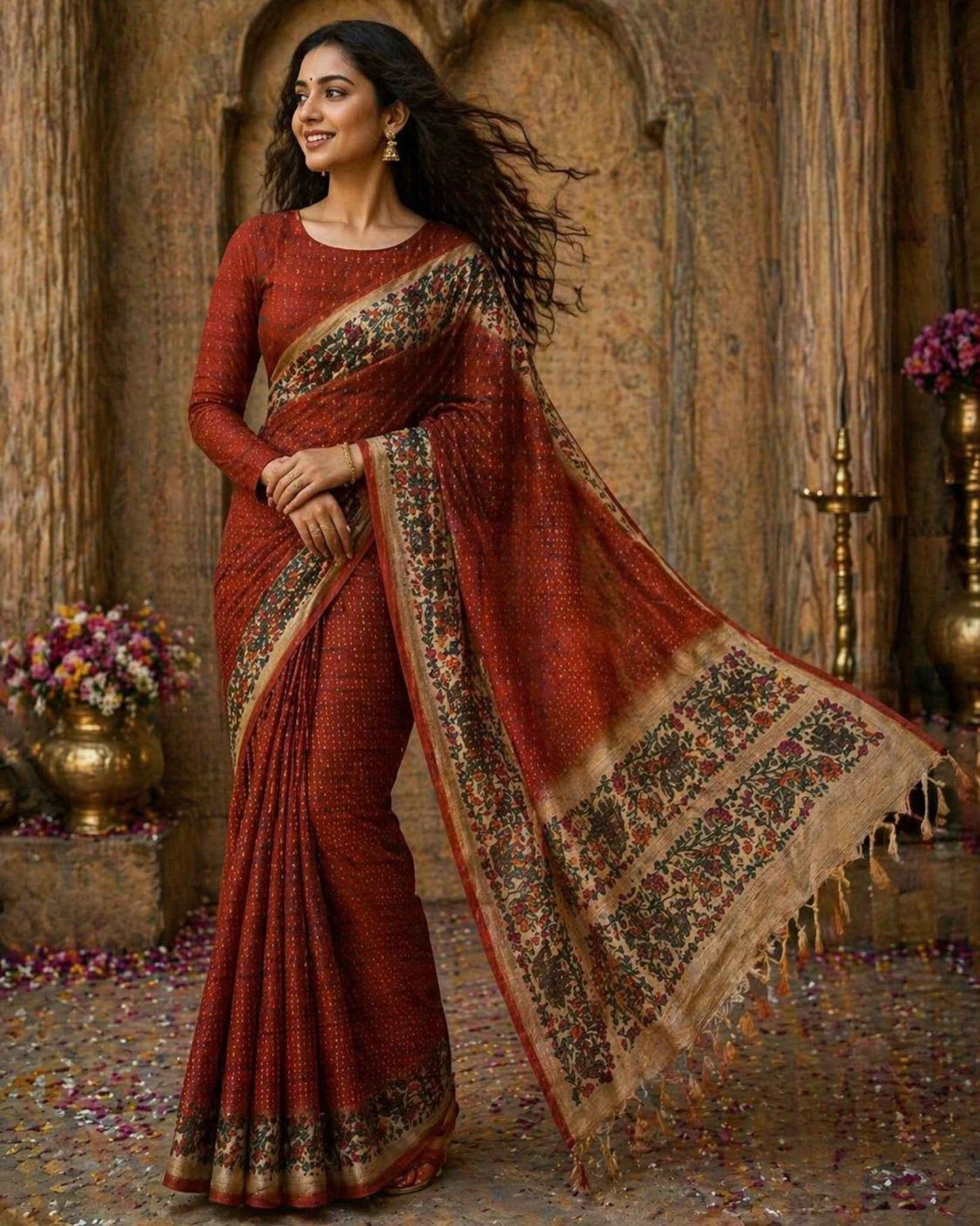Rust Kalamkari Tussar saree