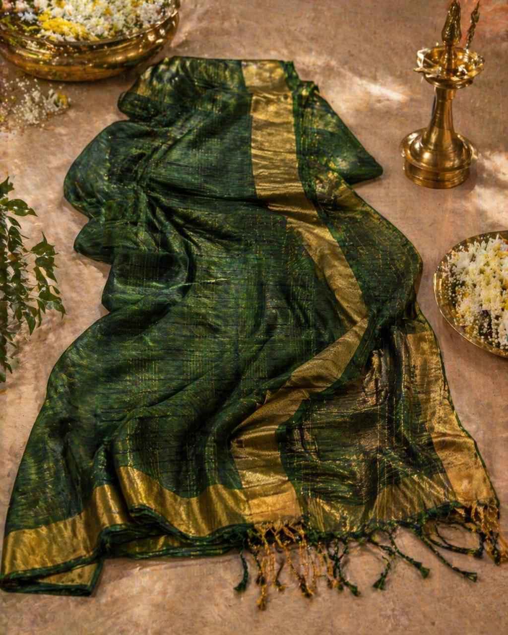 Bottle Green Checked Semi Tussar Saree