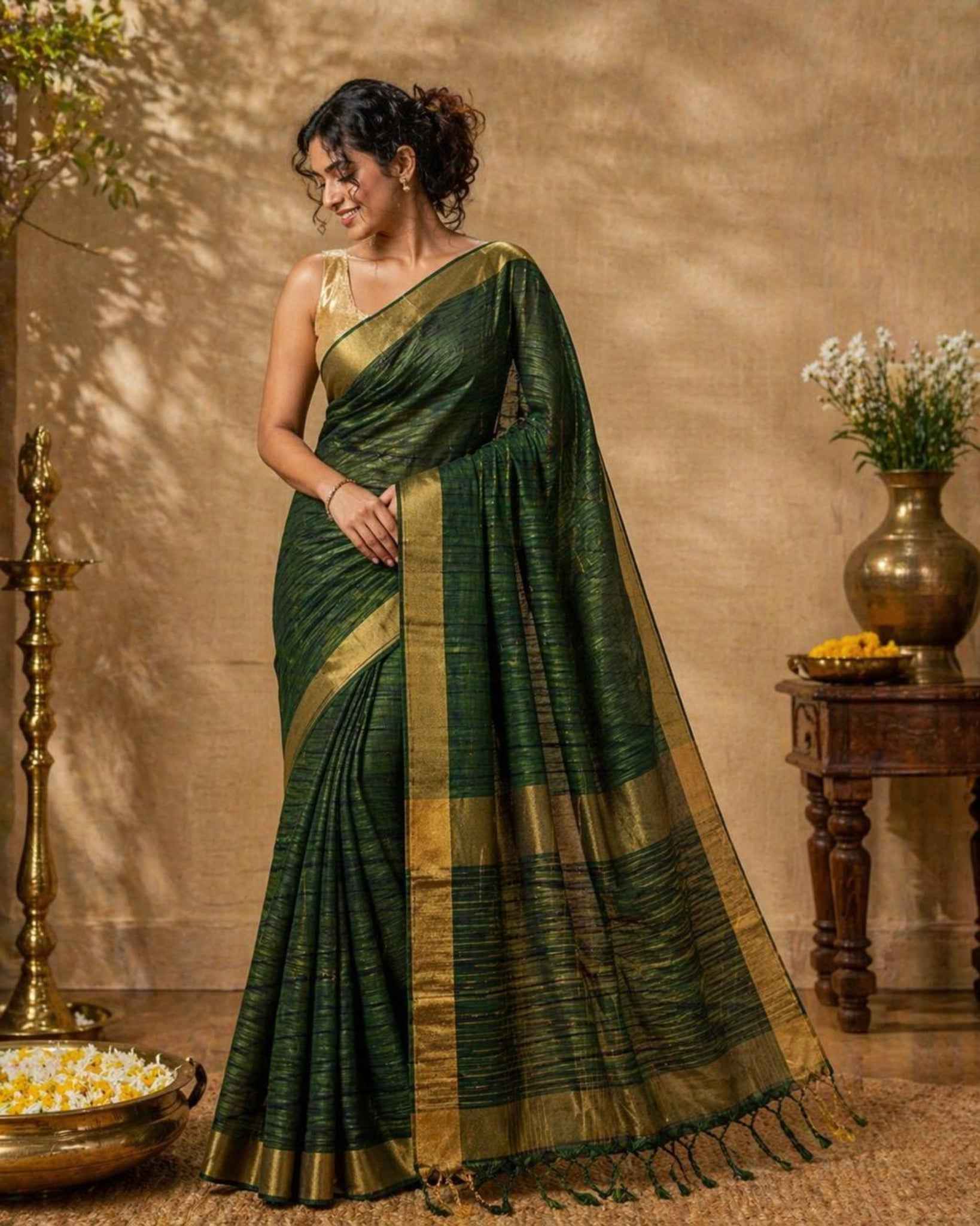 Bottle Green Checked Semi Tussar Saree