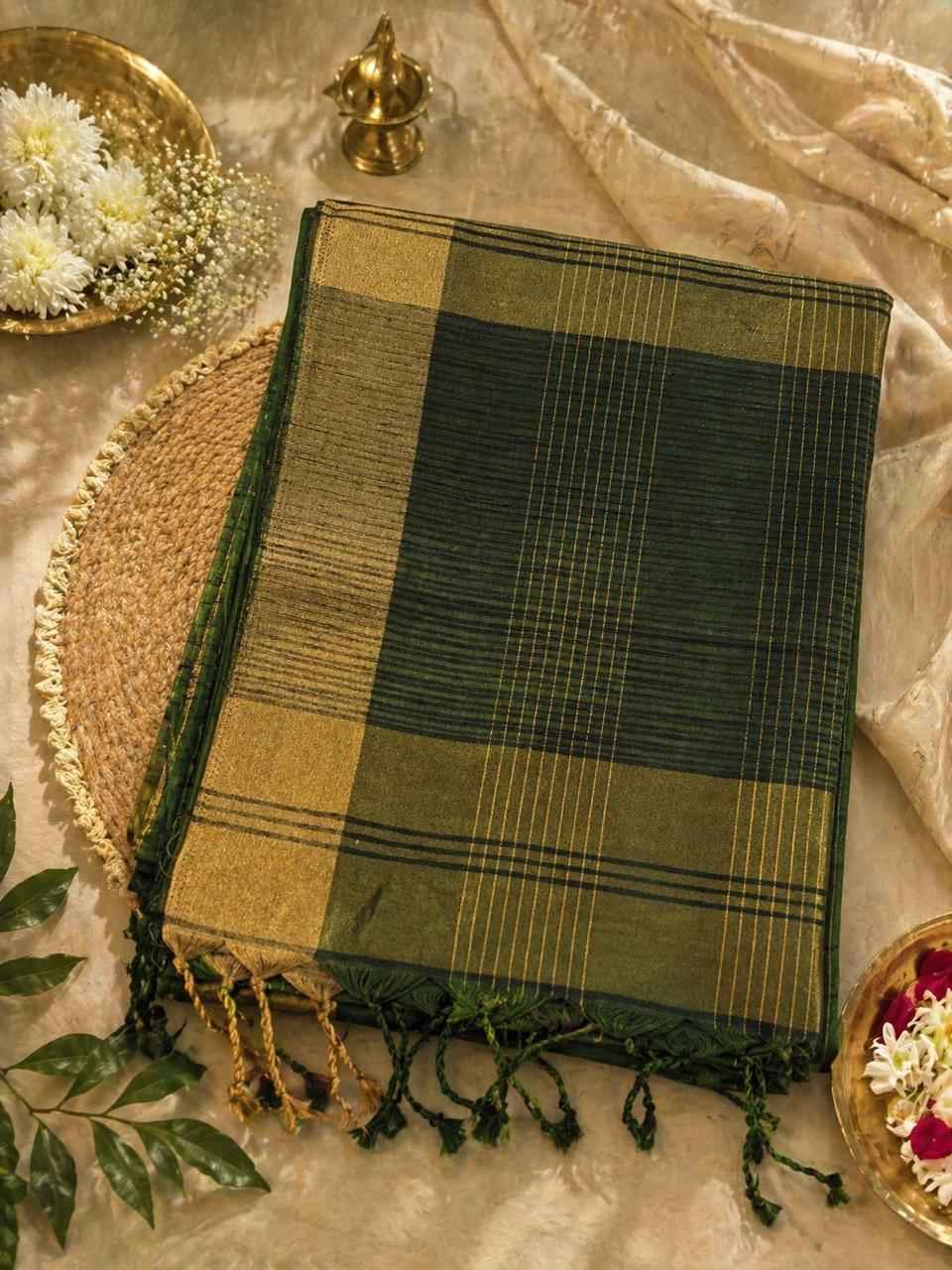 Bottle Green Checked Semi Tussar Saree