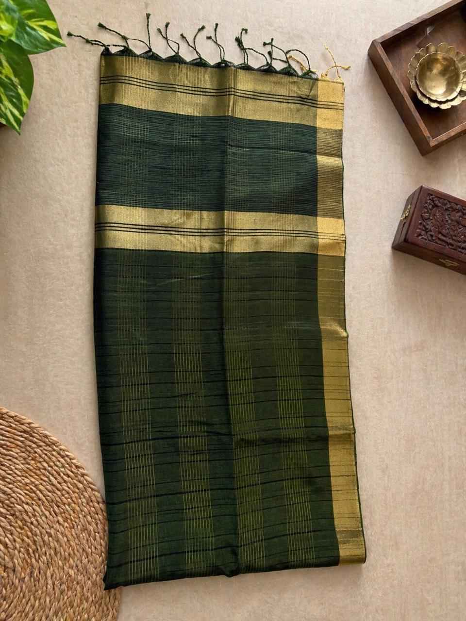 Bottle Green Checked Semi Tussar Saree