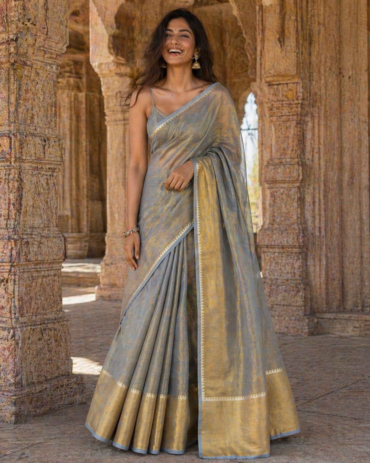Blue Tissue Linen Saree
