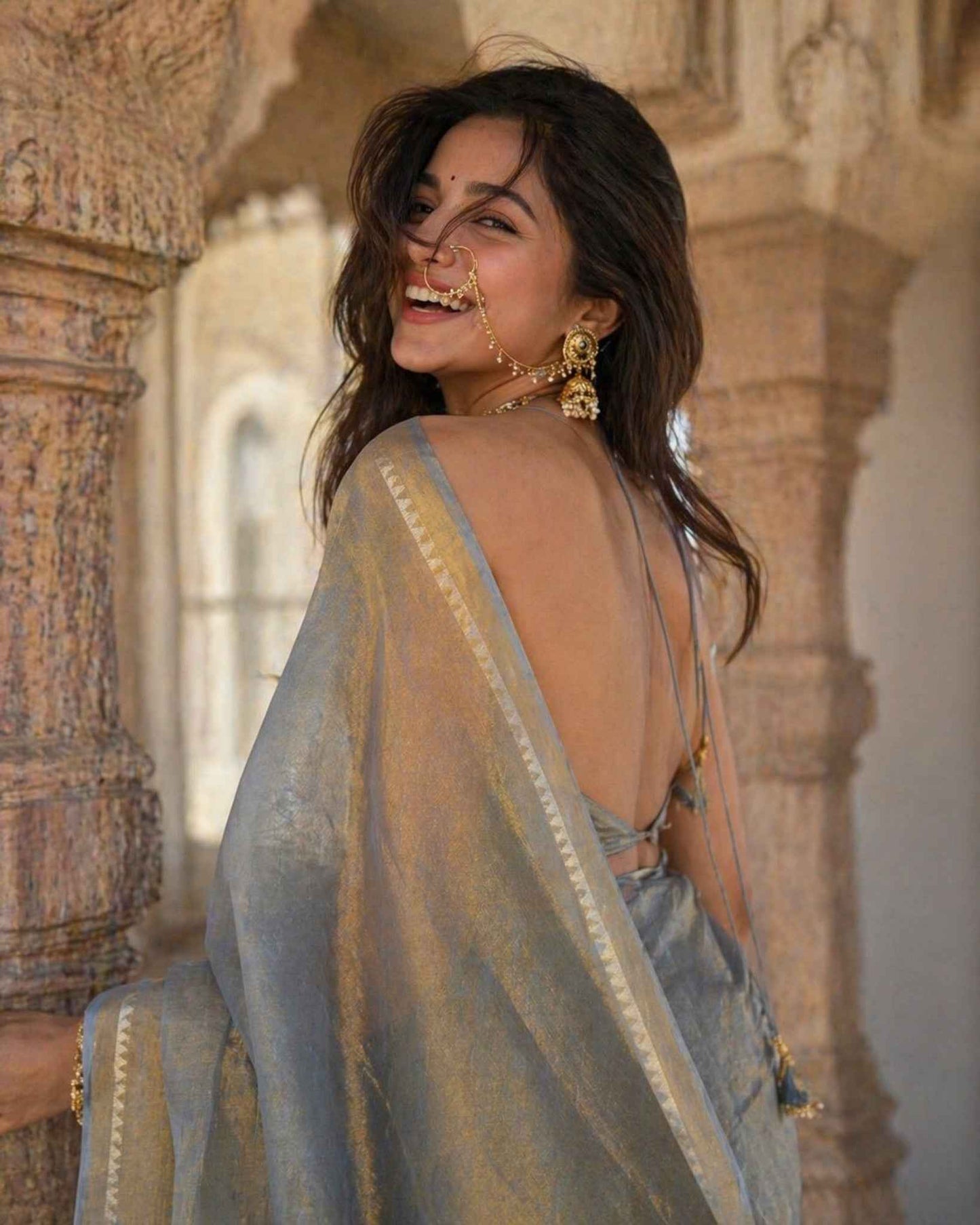 Blue Tissue Linen Saree