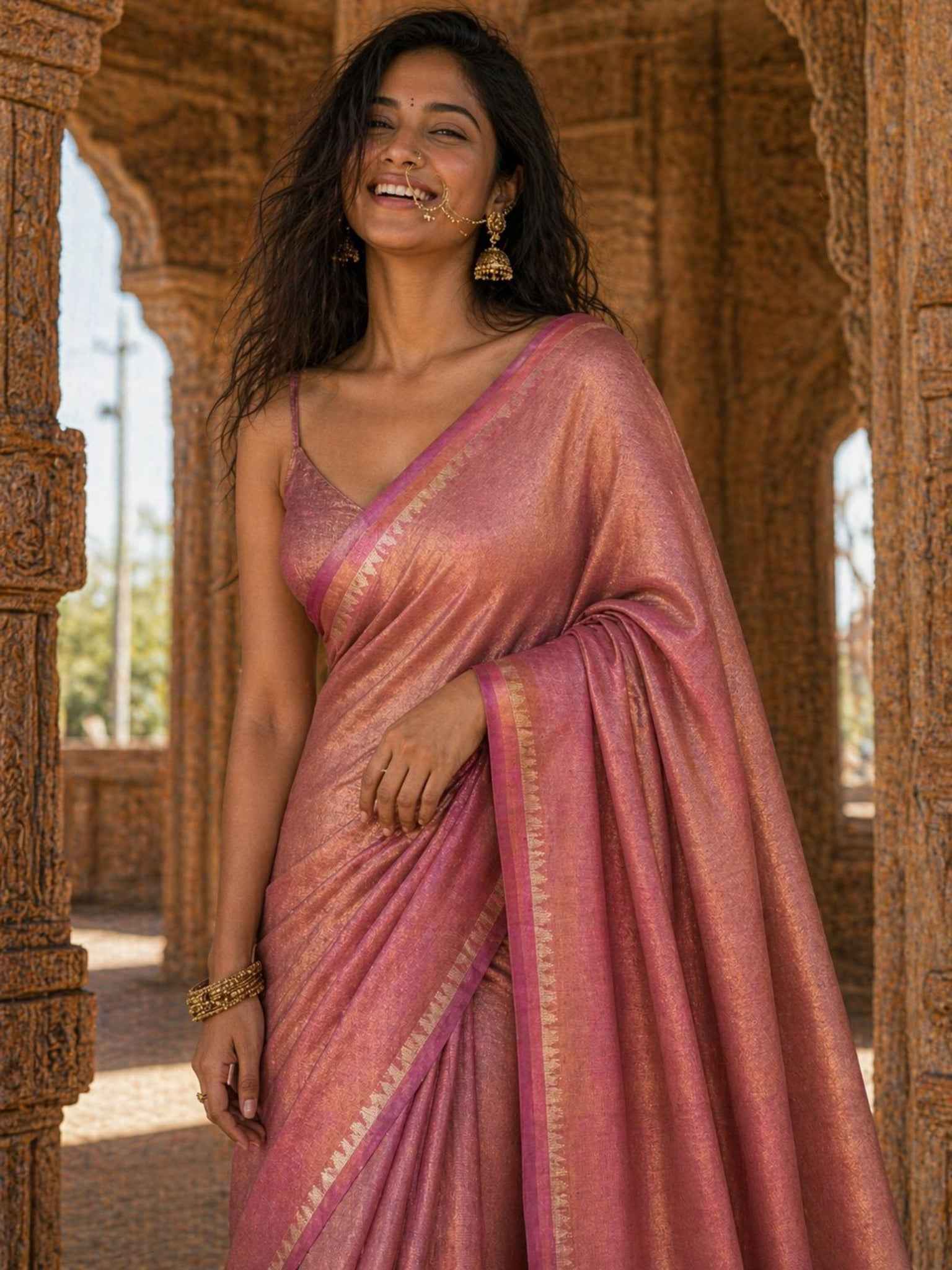 Pink Tissue Linen Saree