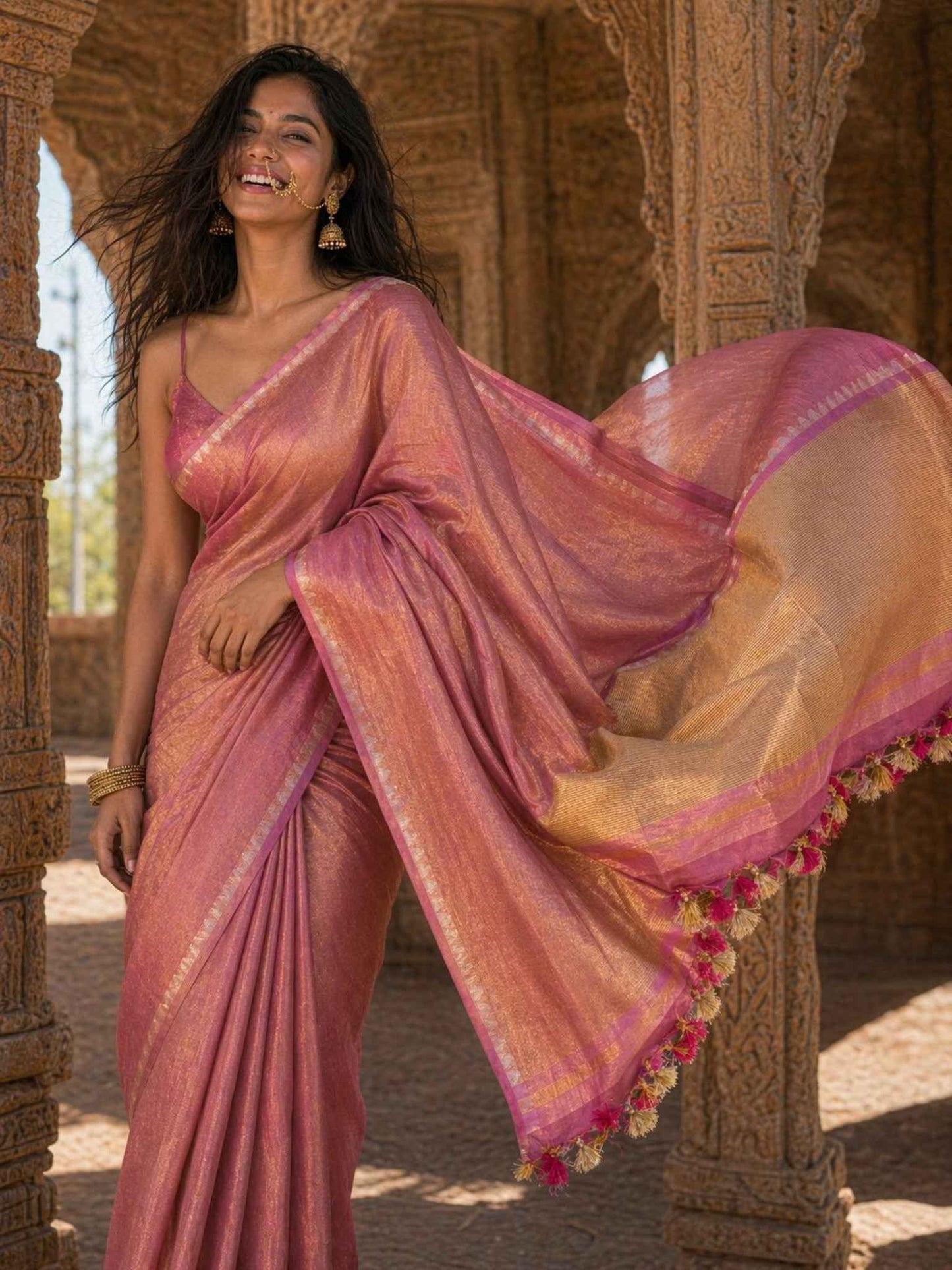 Pink Tissue Linen Saree