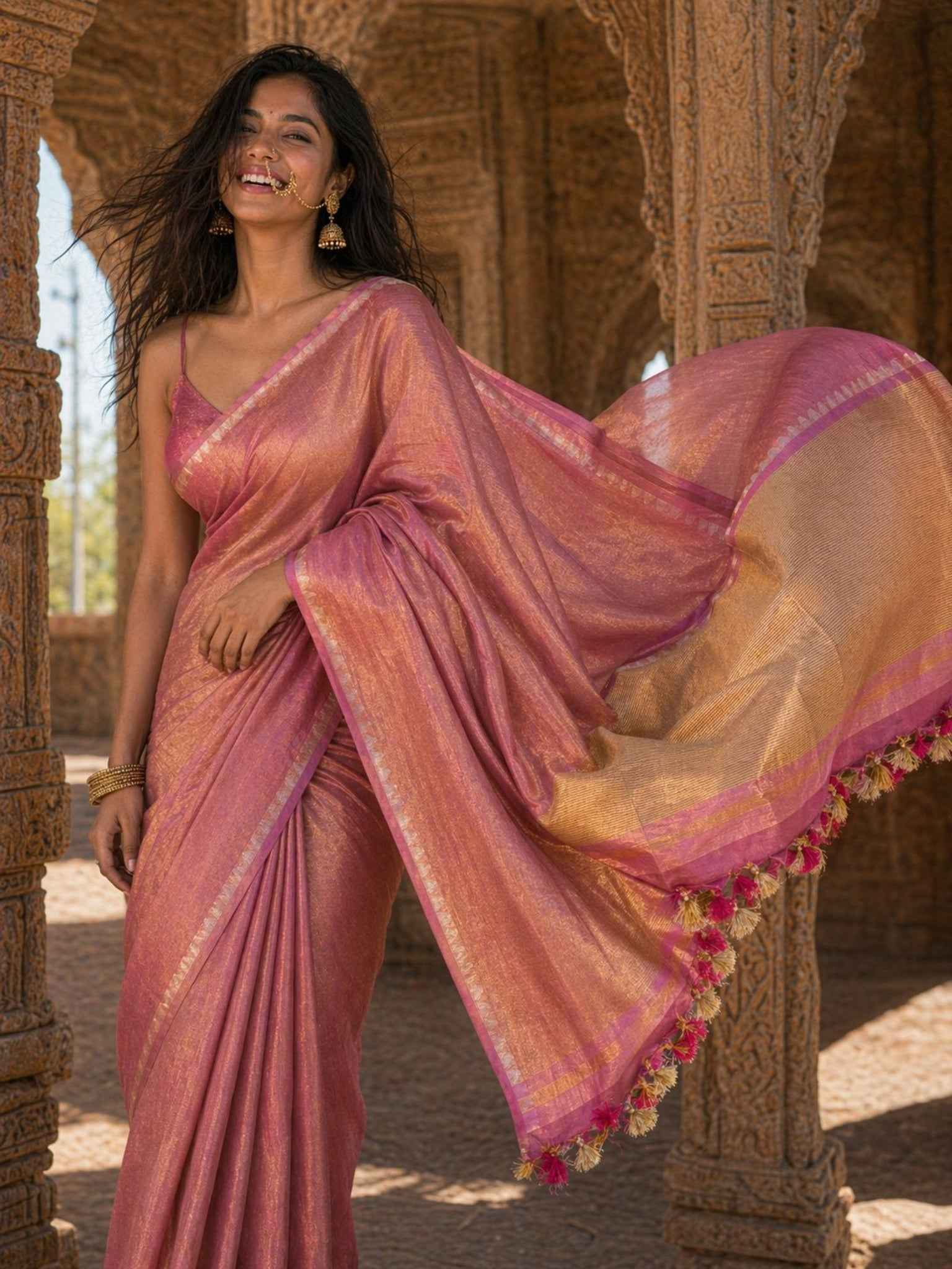 Pink Tissue Linen Saree
