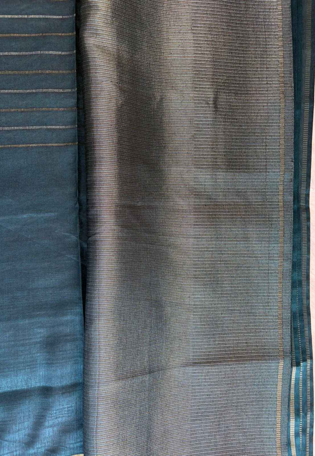 Teal Gold Lines Semi Tussar silk