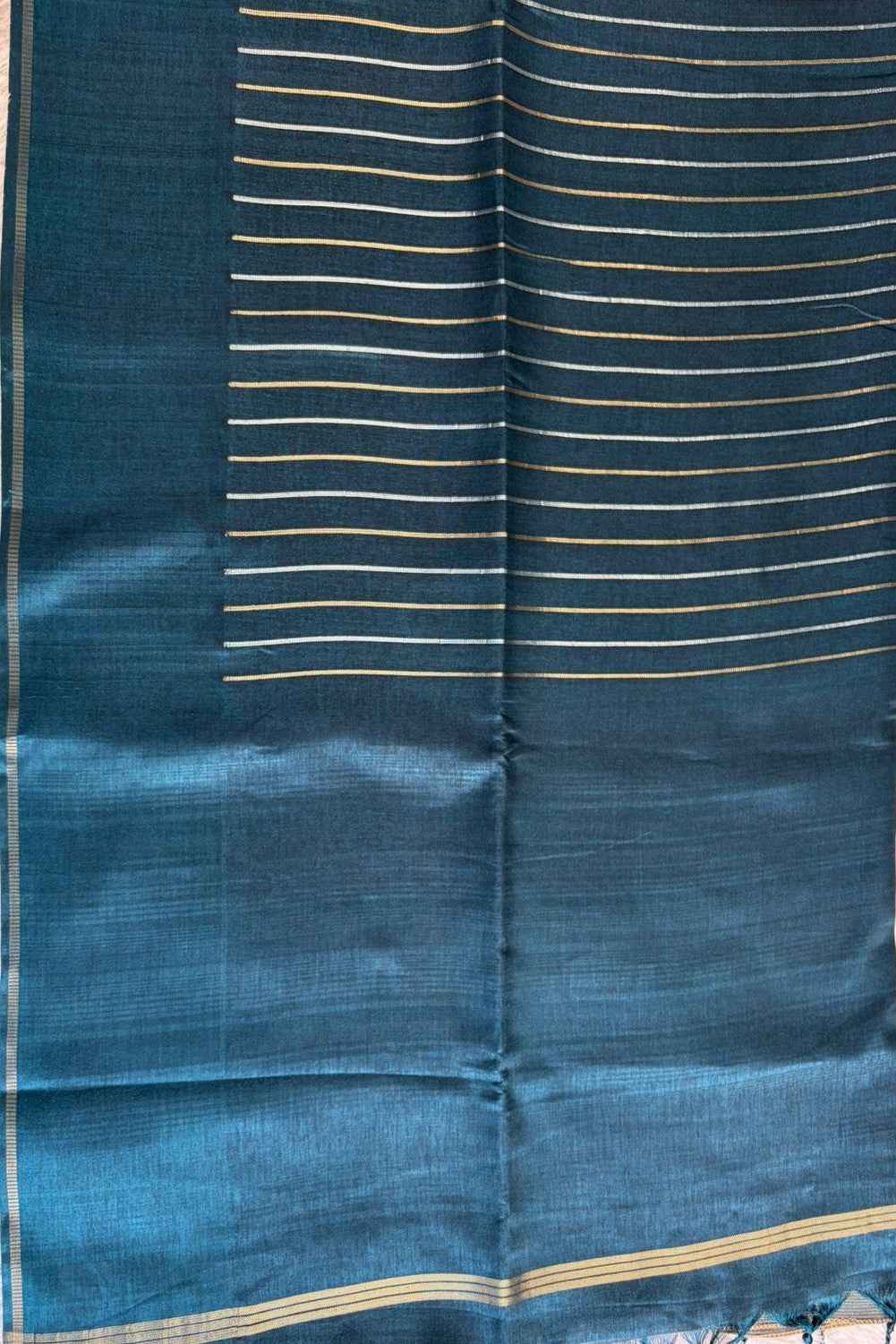 Teal Gold Lines Semi Tussar silk