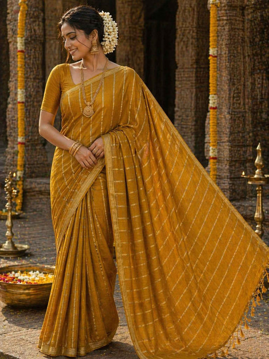 Mustard Gold Lines Semi Tussar silk