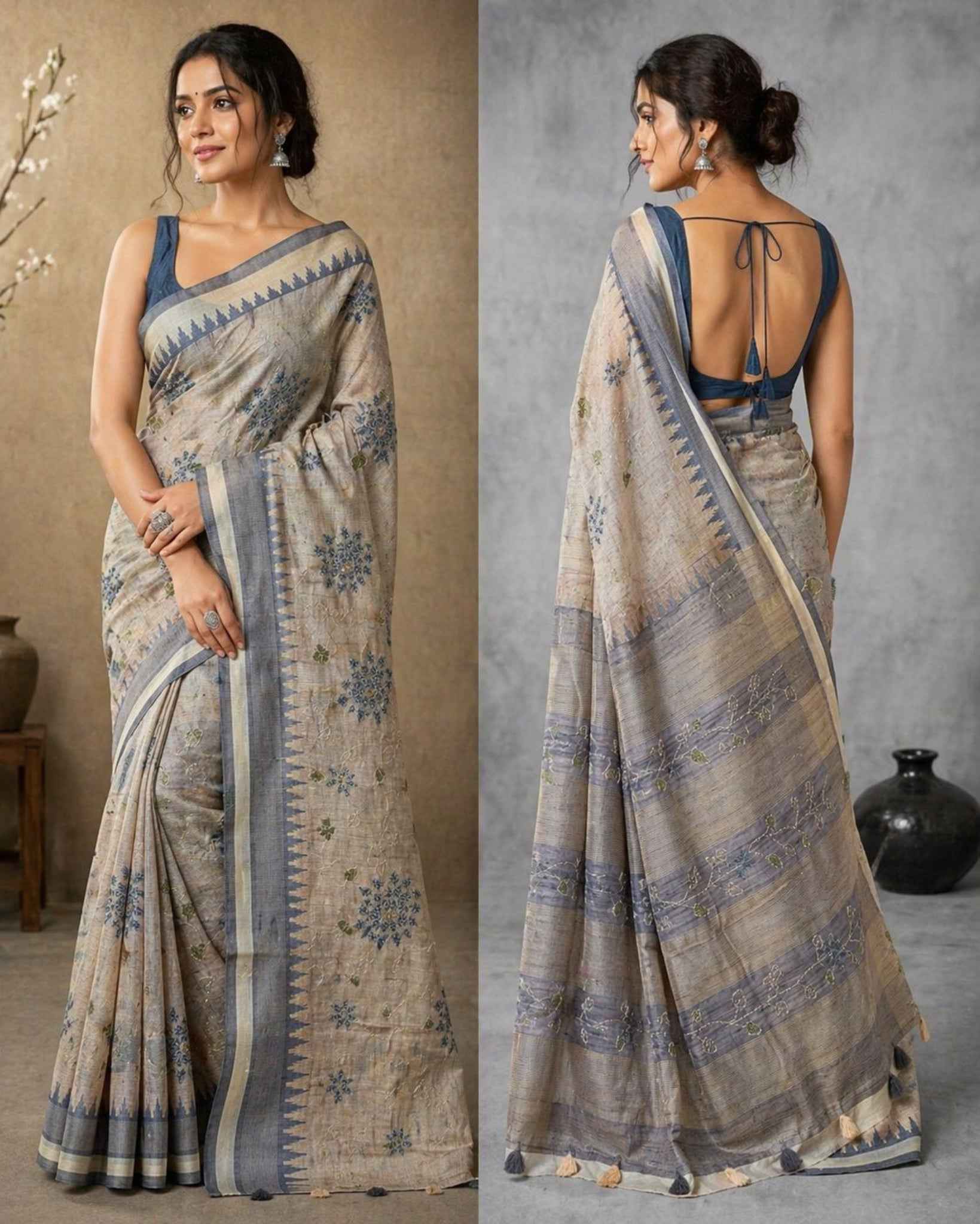 Grey Kantha work Semi Tussar Saree