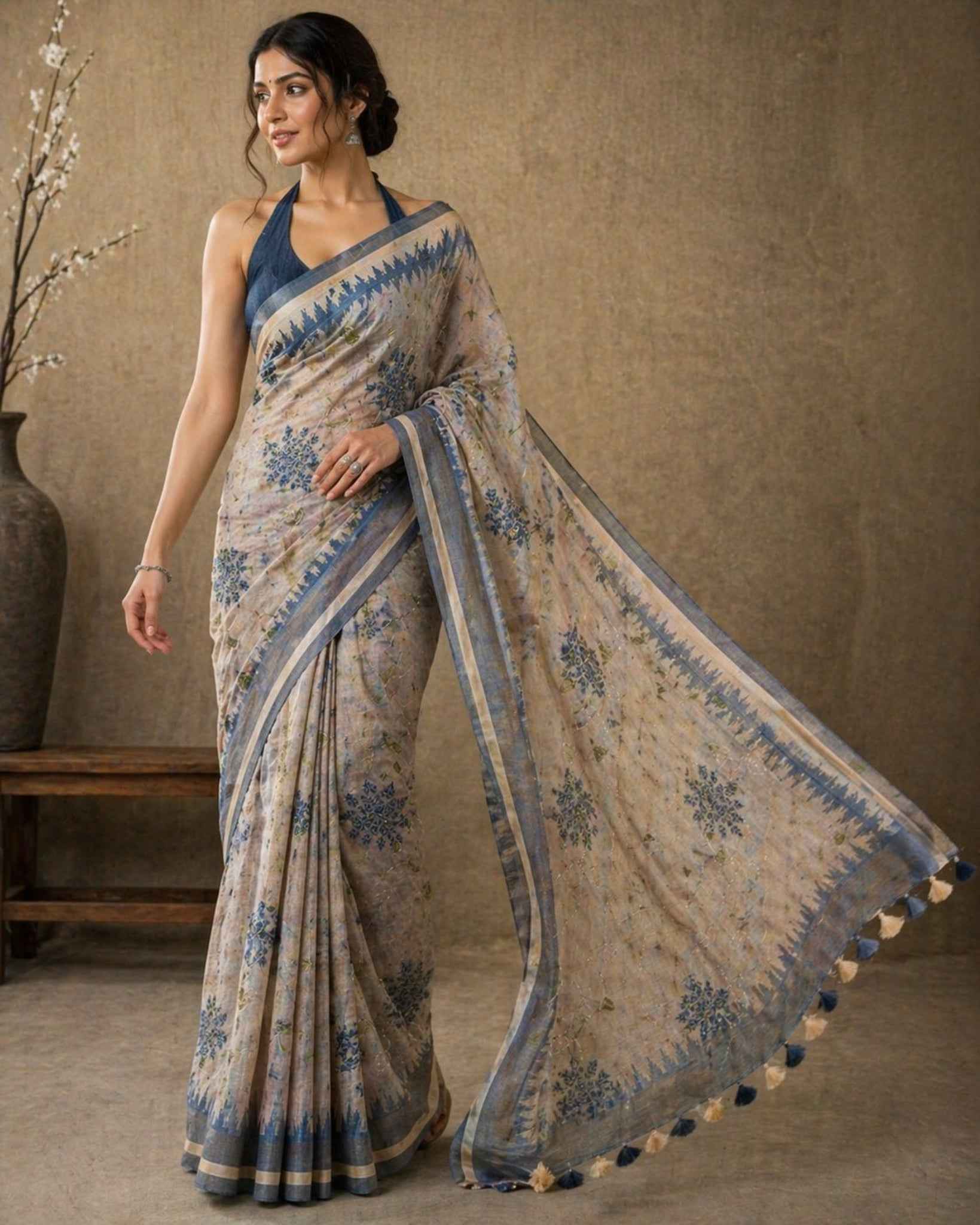 Grey Kantha work Semi Tussar Saree