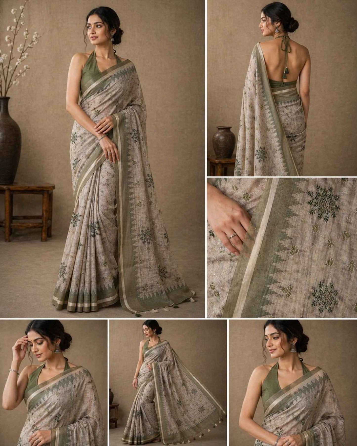 Green Kantha work Semi Tussar Saree