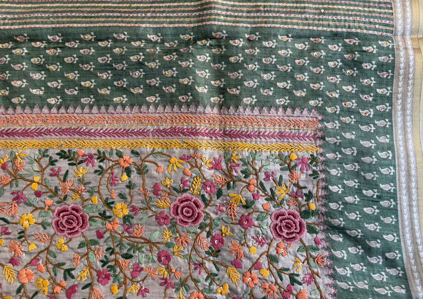 Green Handwork Semi Tussar Saree