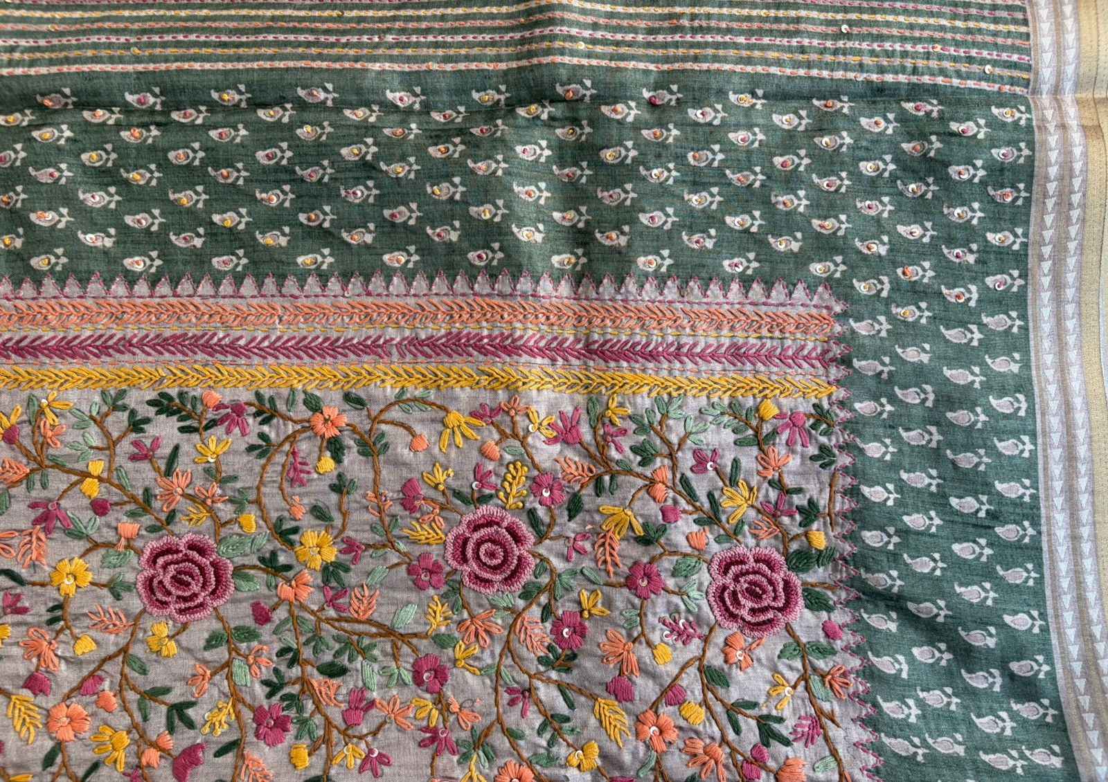 Green Handwork Semi Tussar Saree