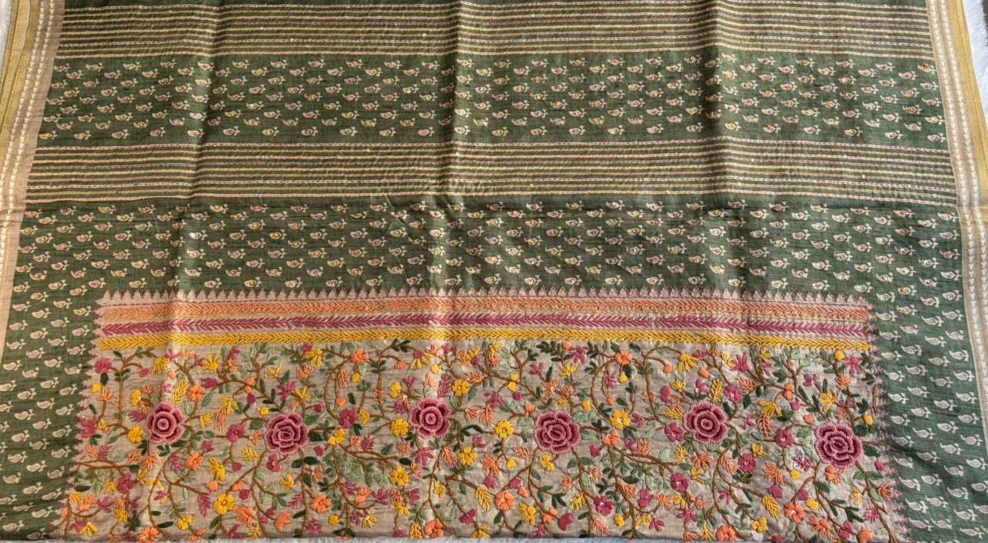 Green Handwork Semi Tussar Saree
