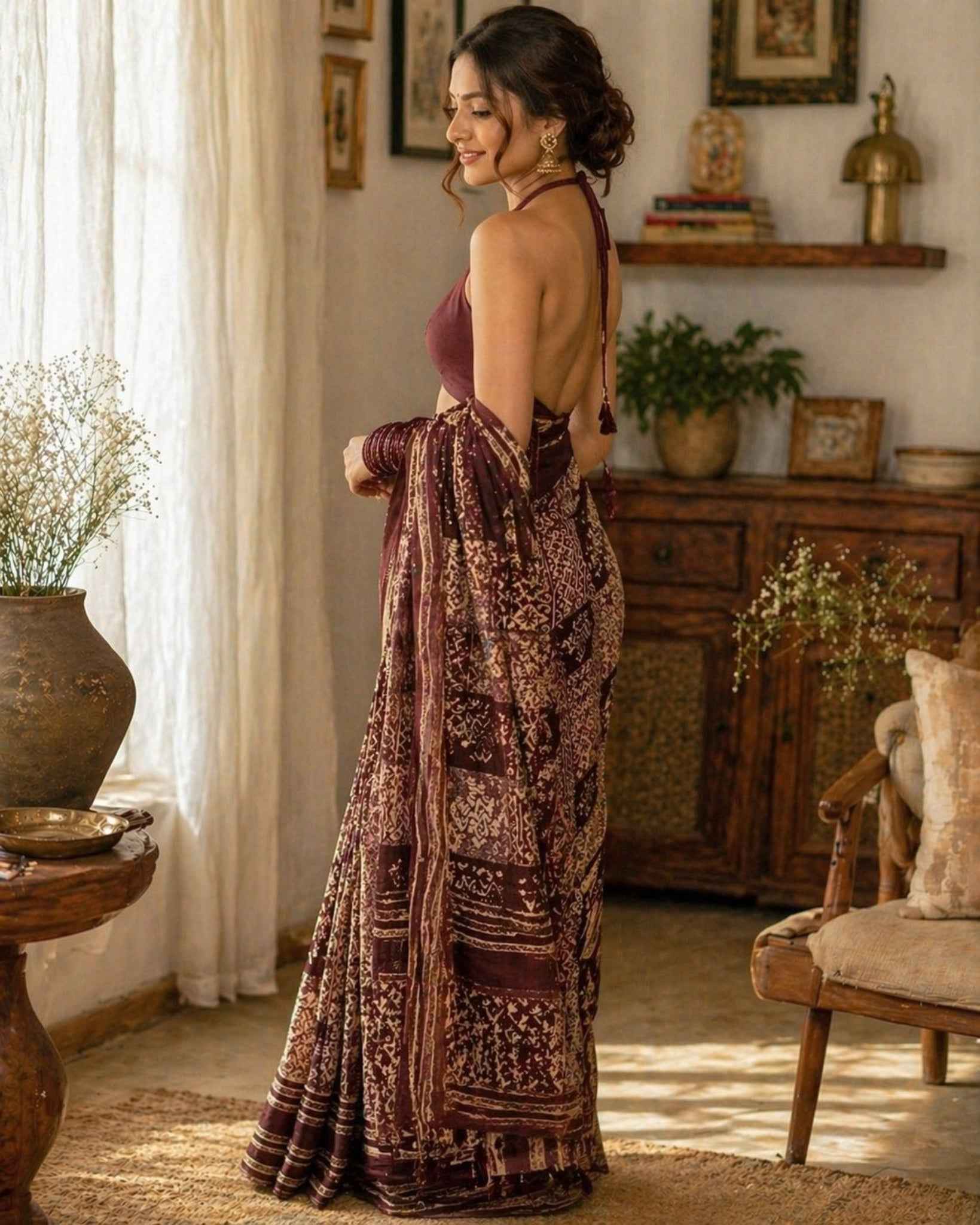 Wine Ajrakh Mul Cotton Saree