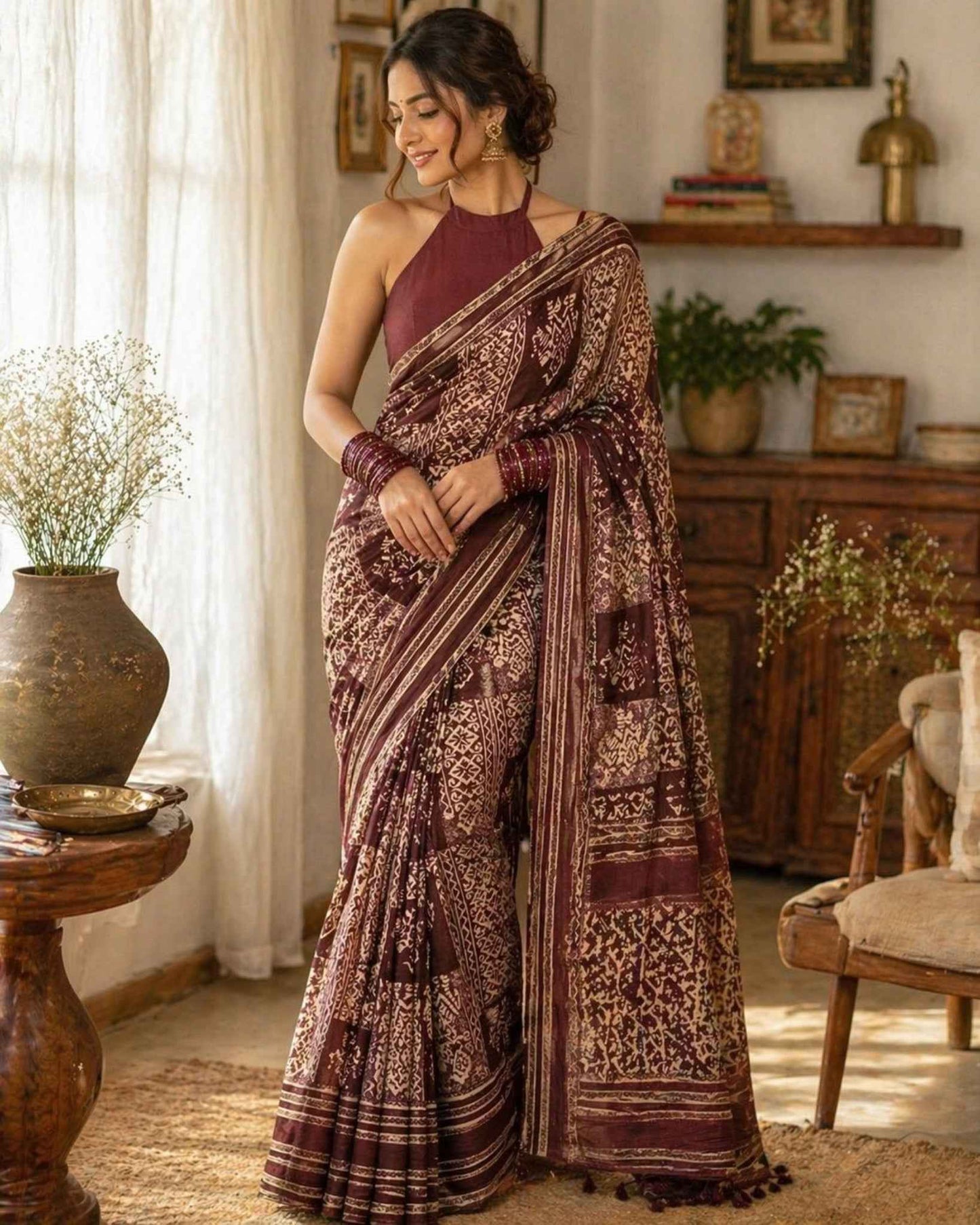 Wine Ajrakh Mul Cotton Saree