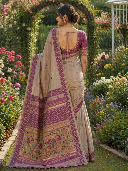 Purple Handwork Semi Tussar Saree