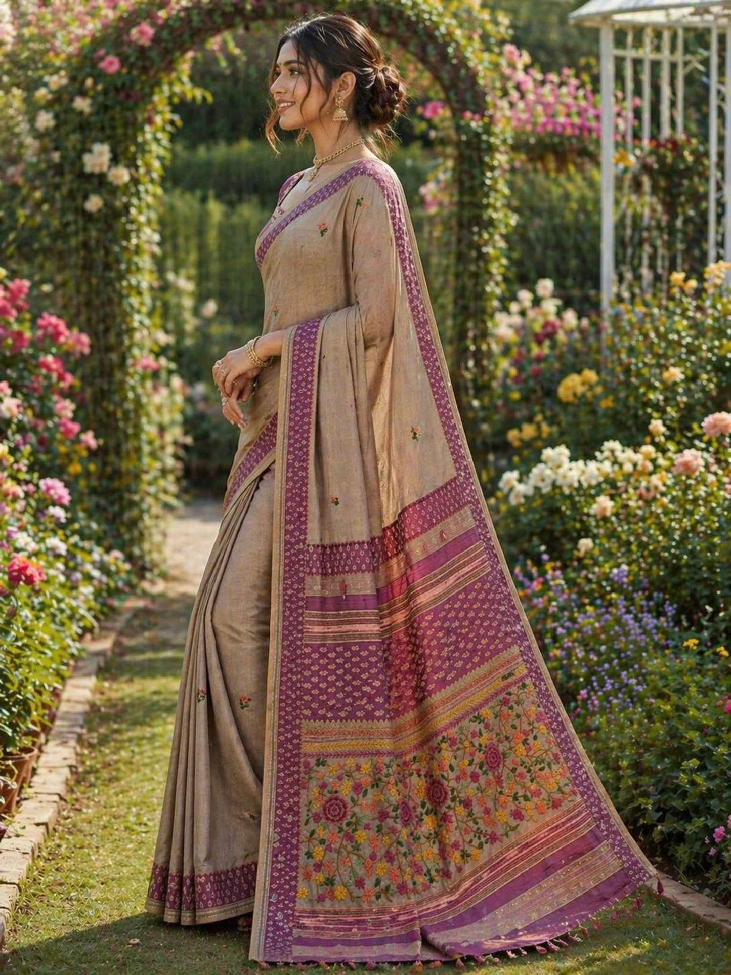 Purple Handwork Semi Tussar Saree