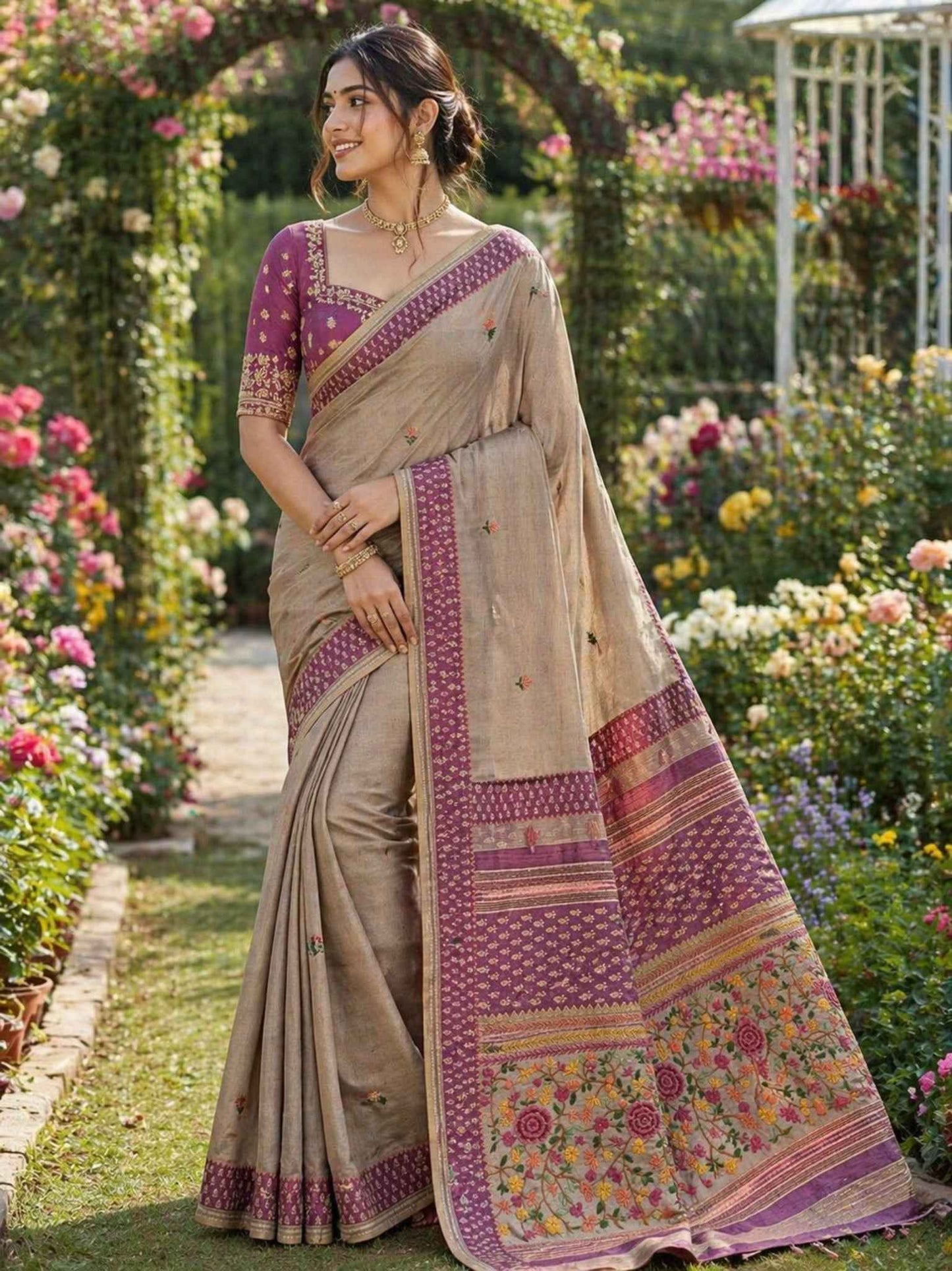 Purple Handwork Semi Tussar Saree