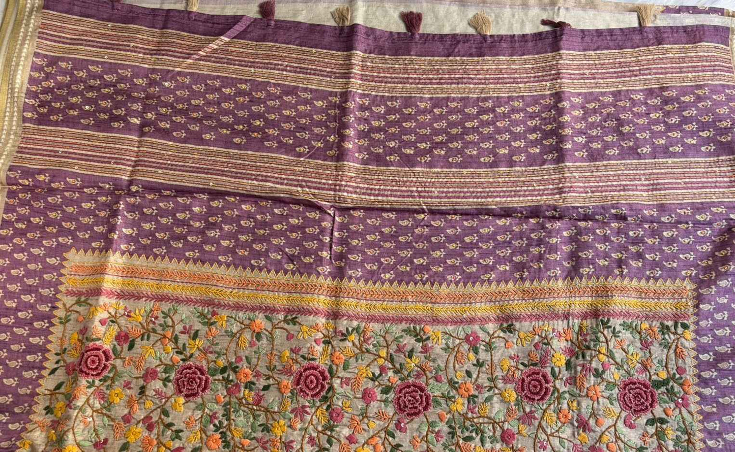 Purple Handwork Semi Tussar Saree