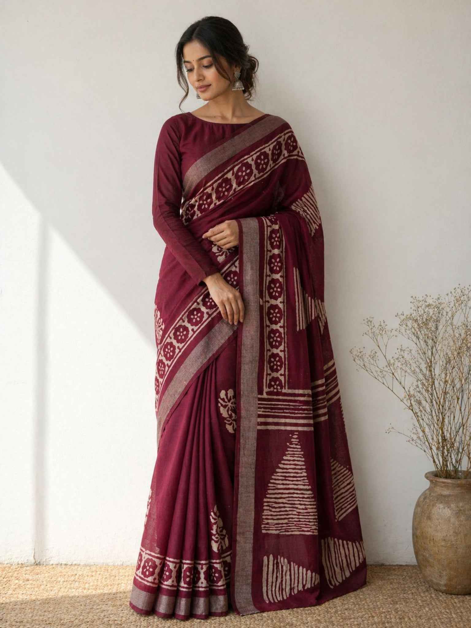 Maroon Batik Cotton Saree