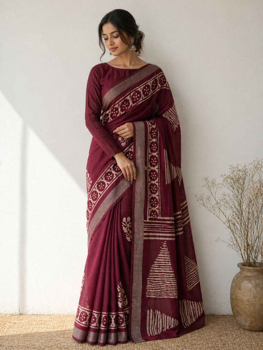 Maroon Batik Cotton Saree