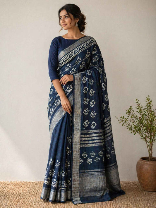 Indigo Batik Print Cotton Saree