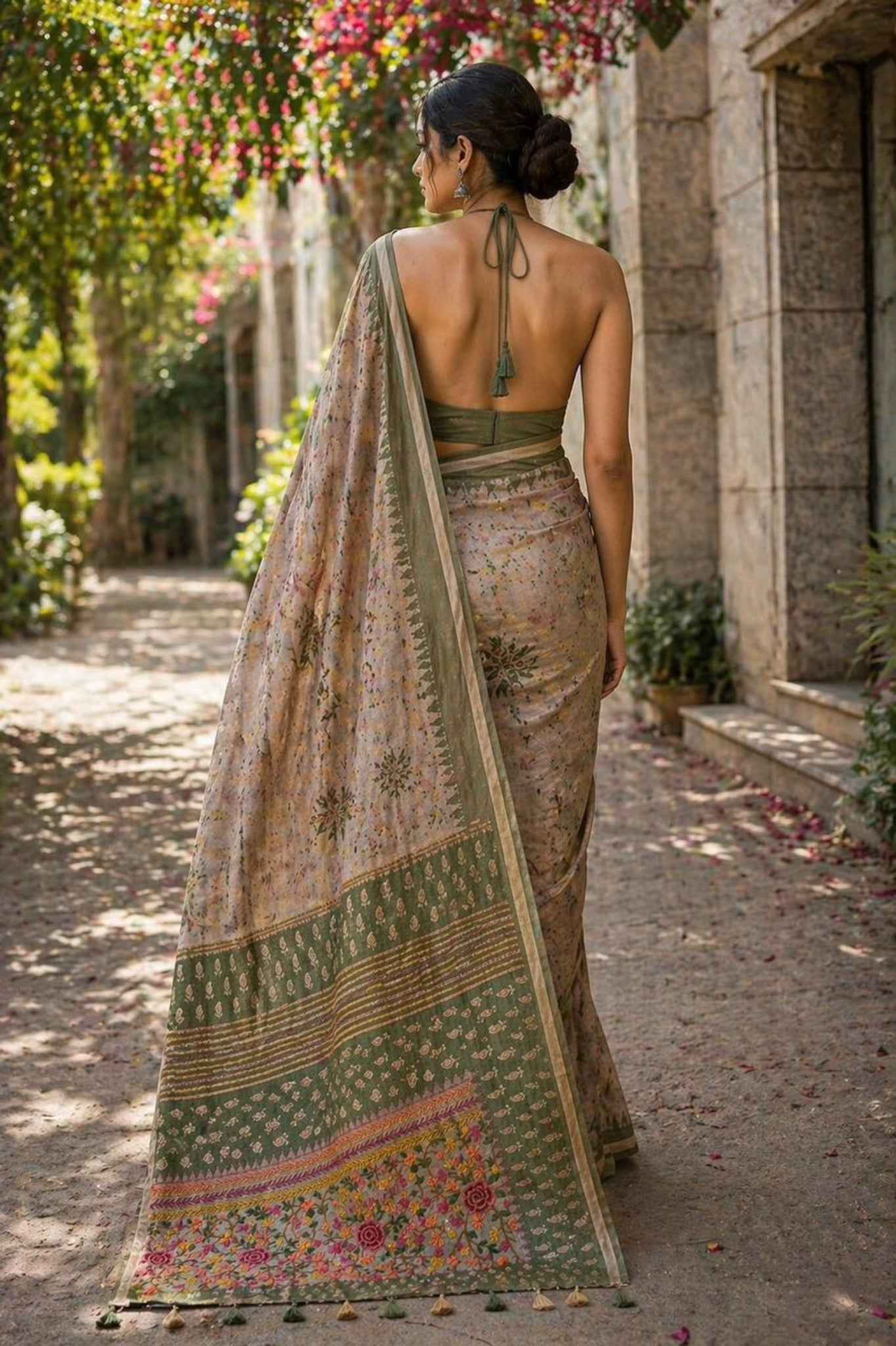 Green Handwork Semi Tussar Saree