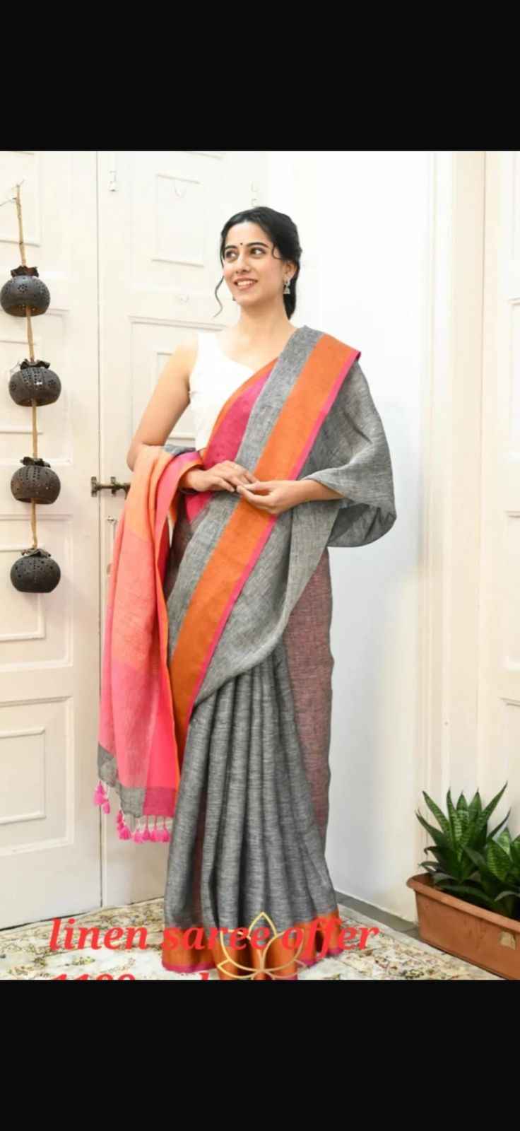 Grey Yarn Linen Saree