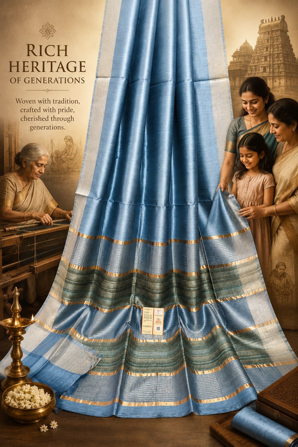 Steel Blue Pure Tussar Silk Saree