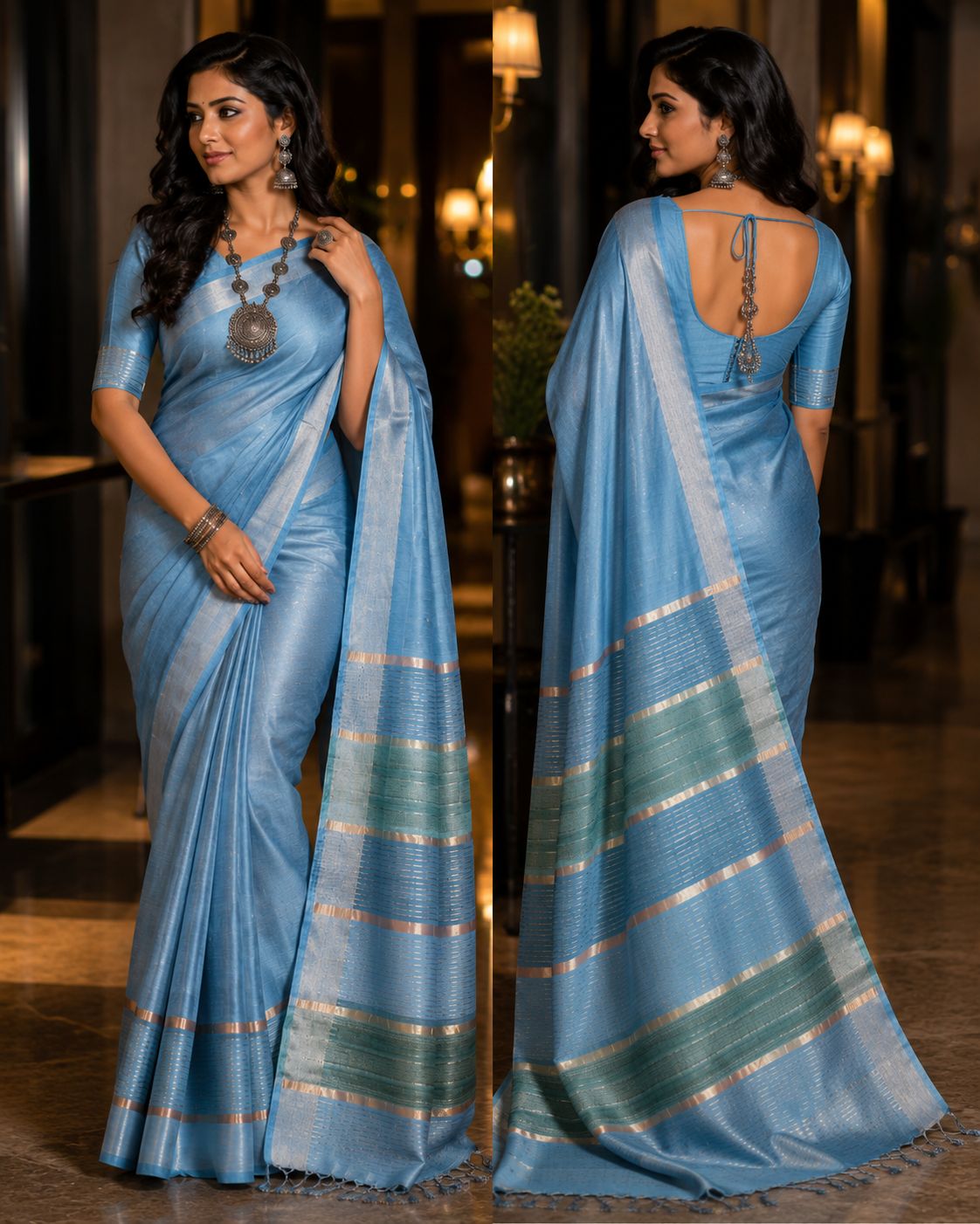 Steel Blue Pure Tussar Silk Saree